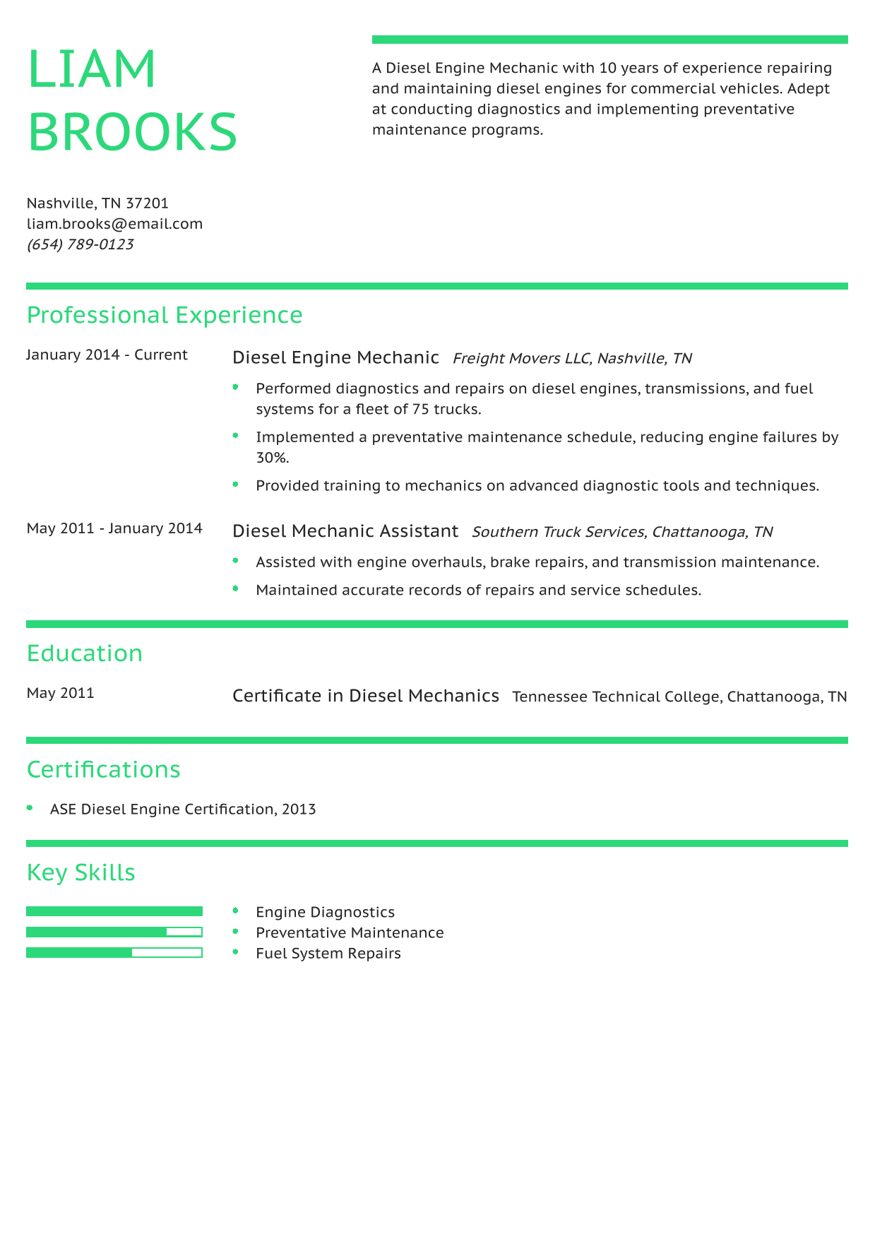 Diesel Engine Mechanic Resume Example