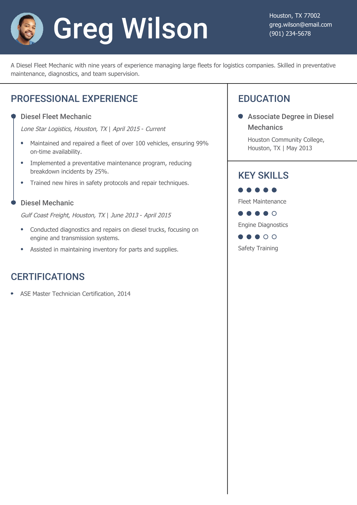 Diesel Fleet Mechanic Resume Example