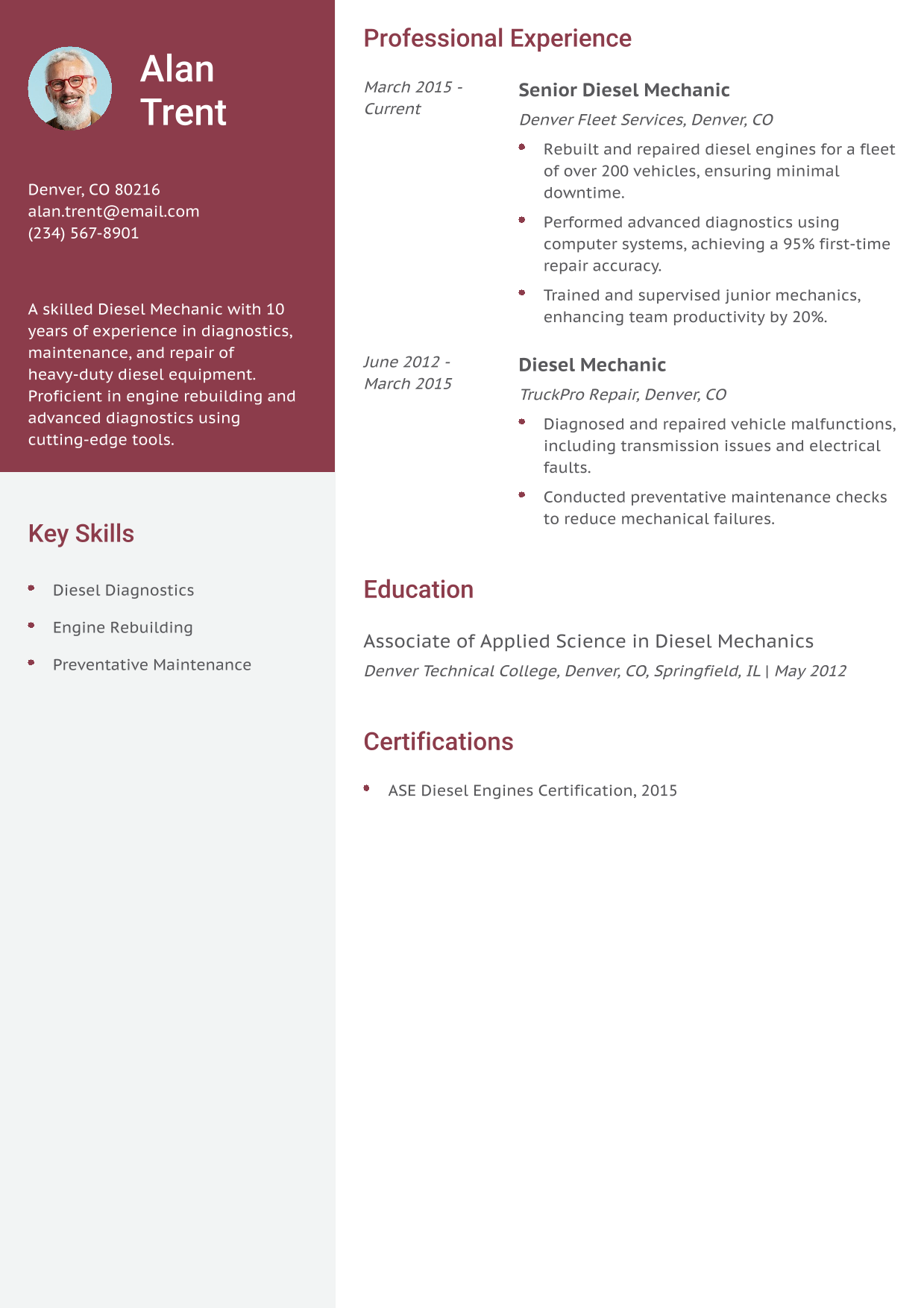 Diesel Mechanic Resume Example
