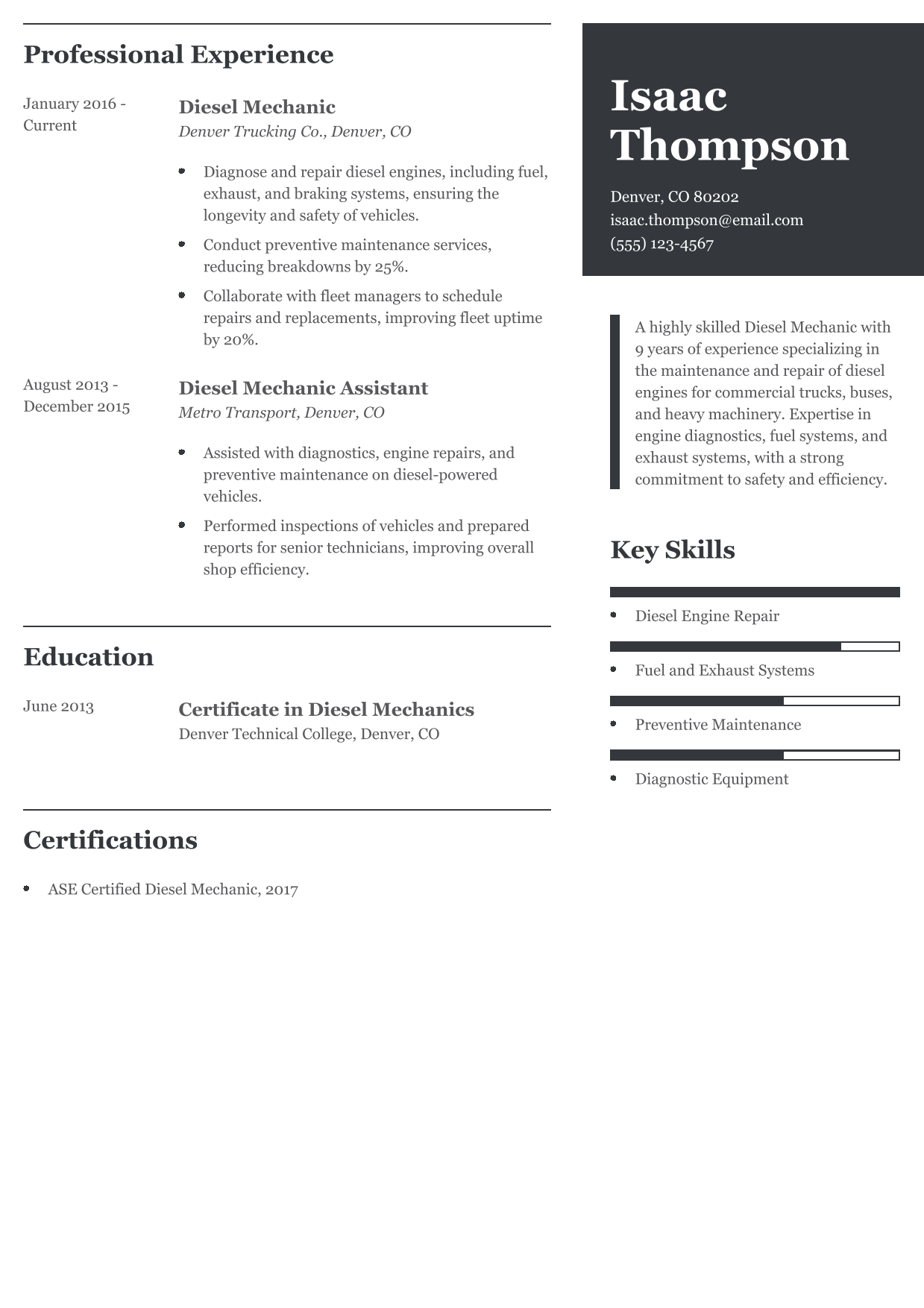 Diesel Mechanic Resume Example