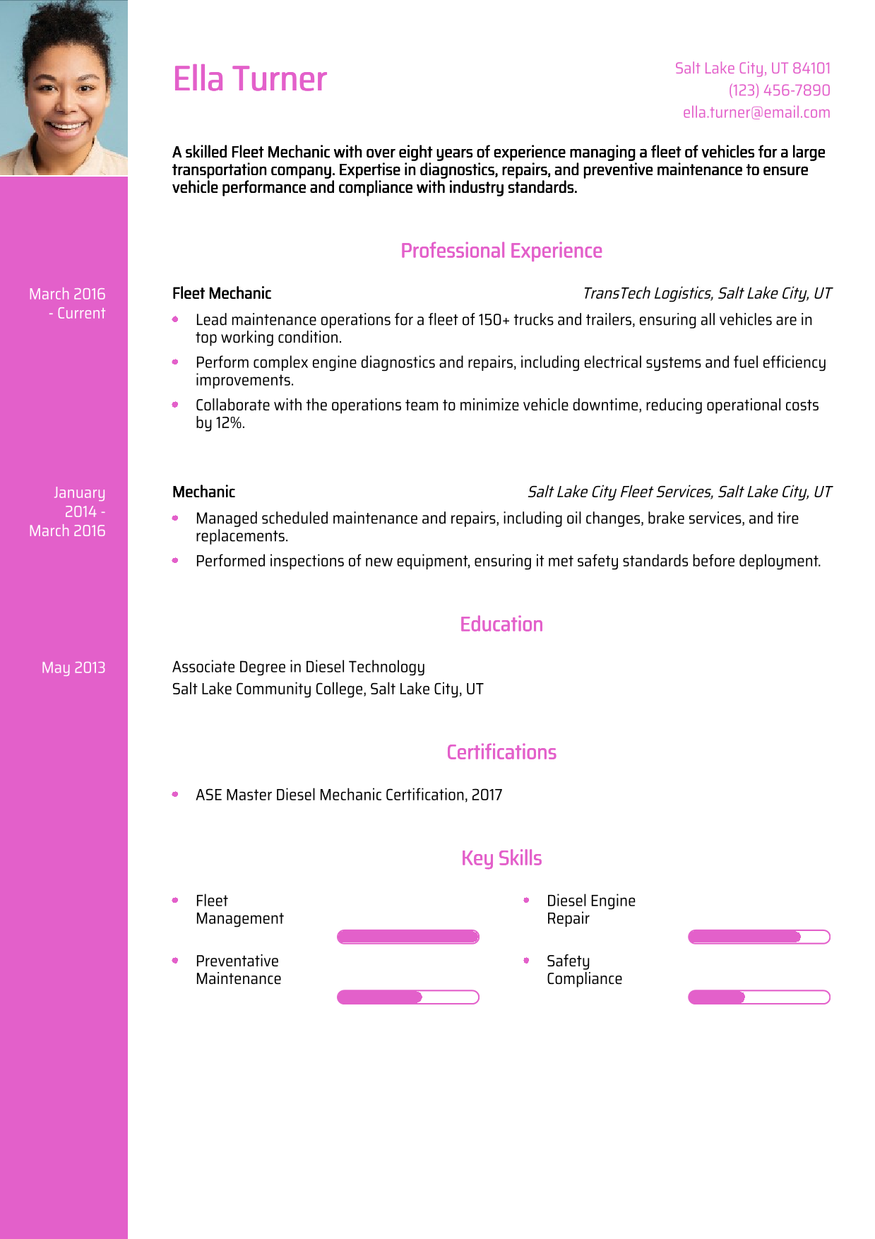 Fleet Mechanic Resume Example