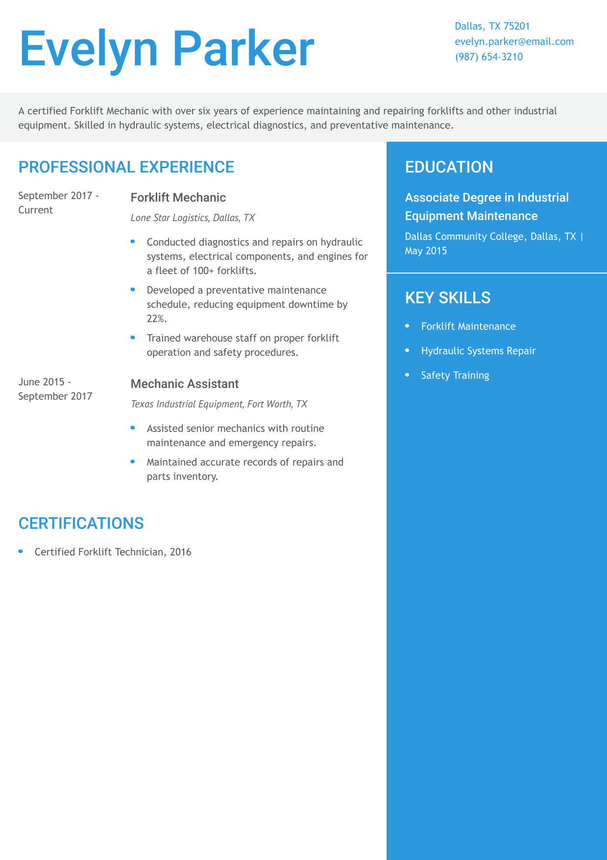 Forklift Mechanic Resume Example