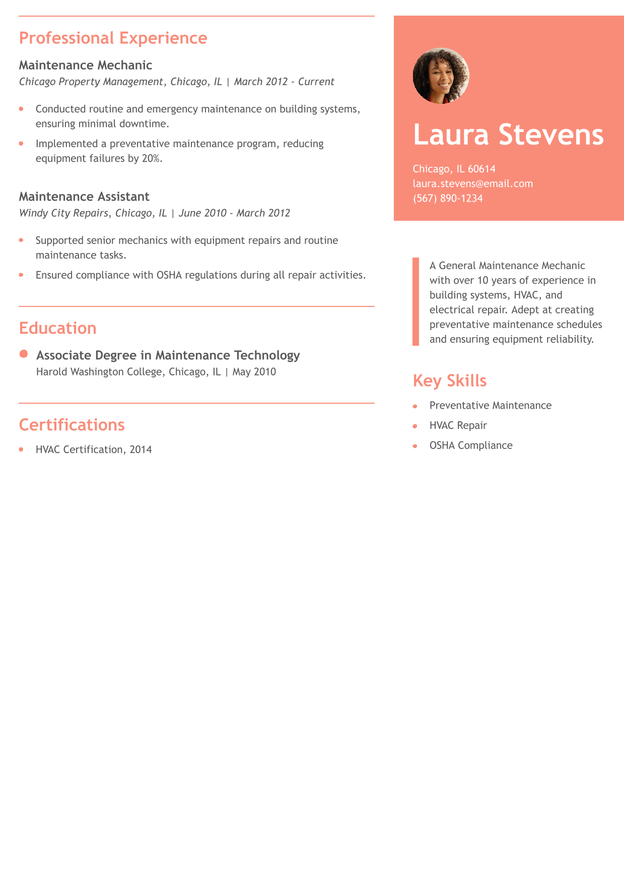 General Maintenance Mechanic Resume Example