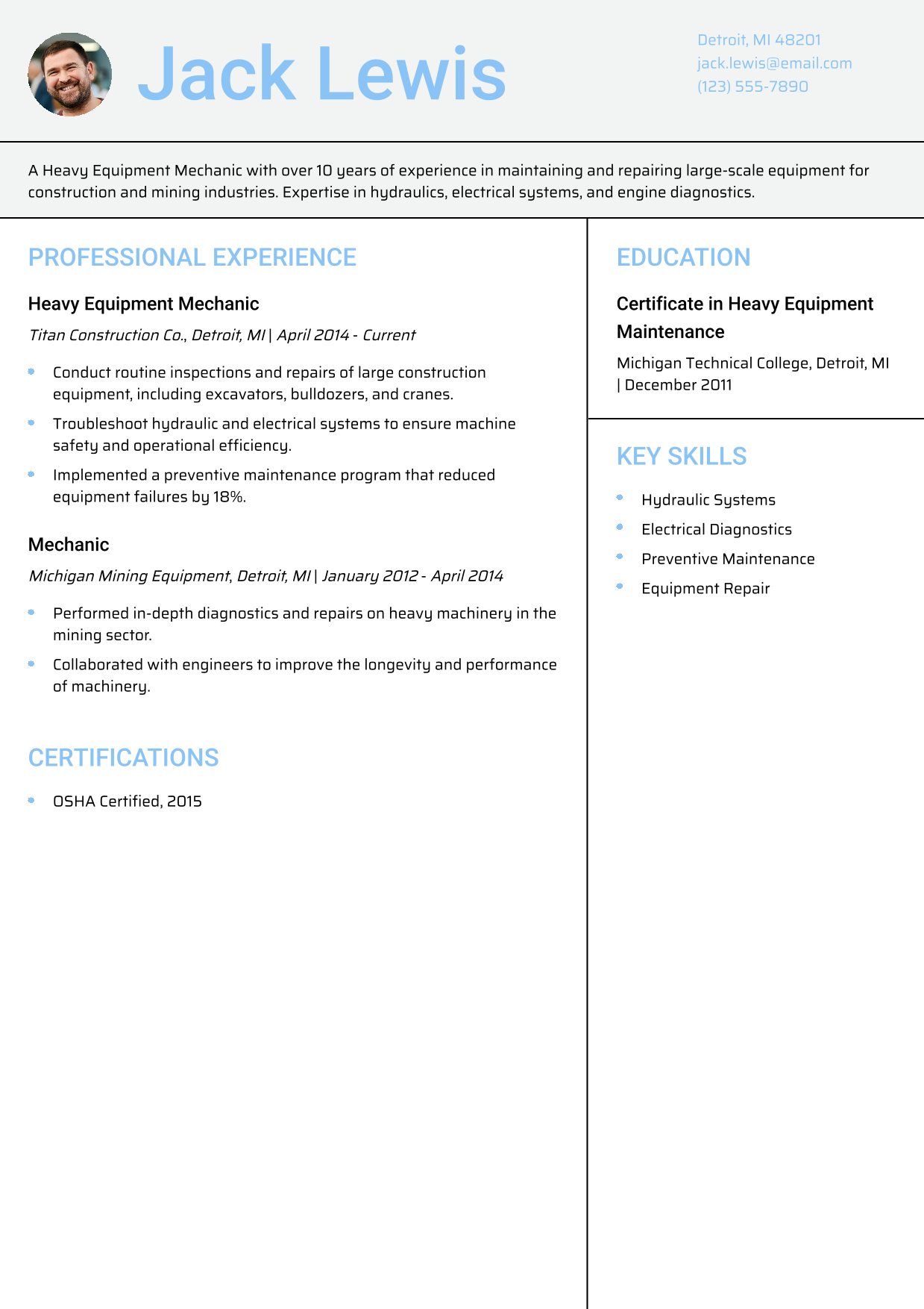 Heavy Equipment Mechanic Resume Example