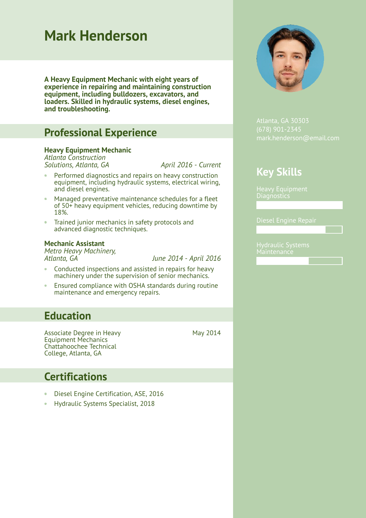 Heavy Equipment Mechanic Resume Example