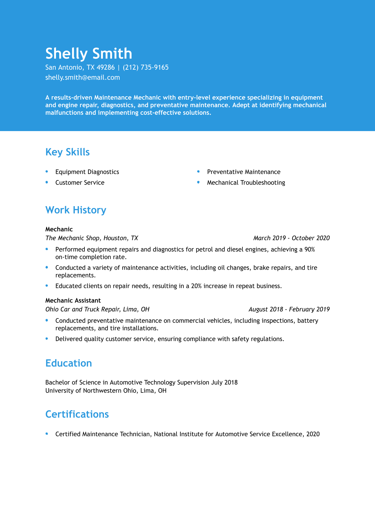 Mechanic Resume Example