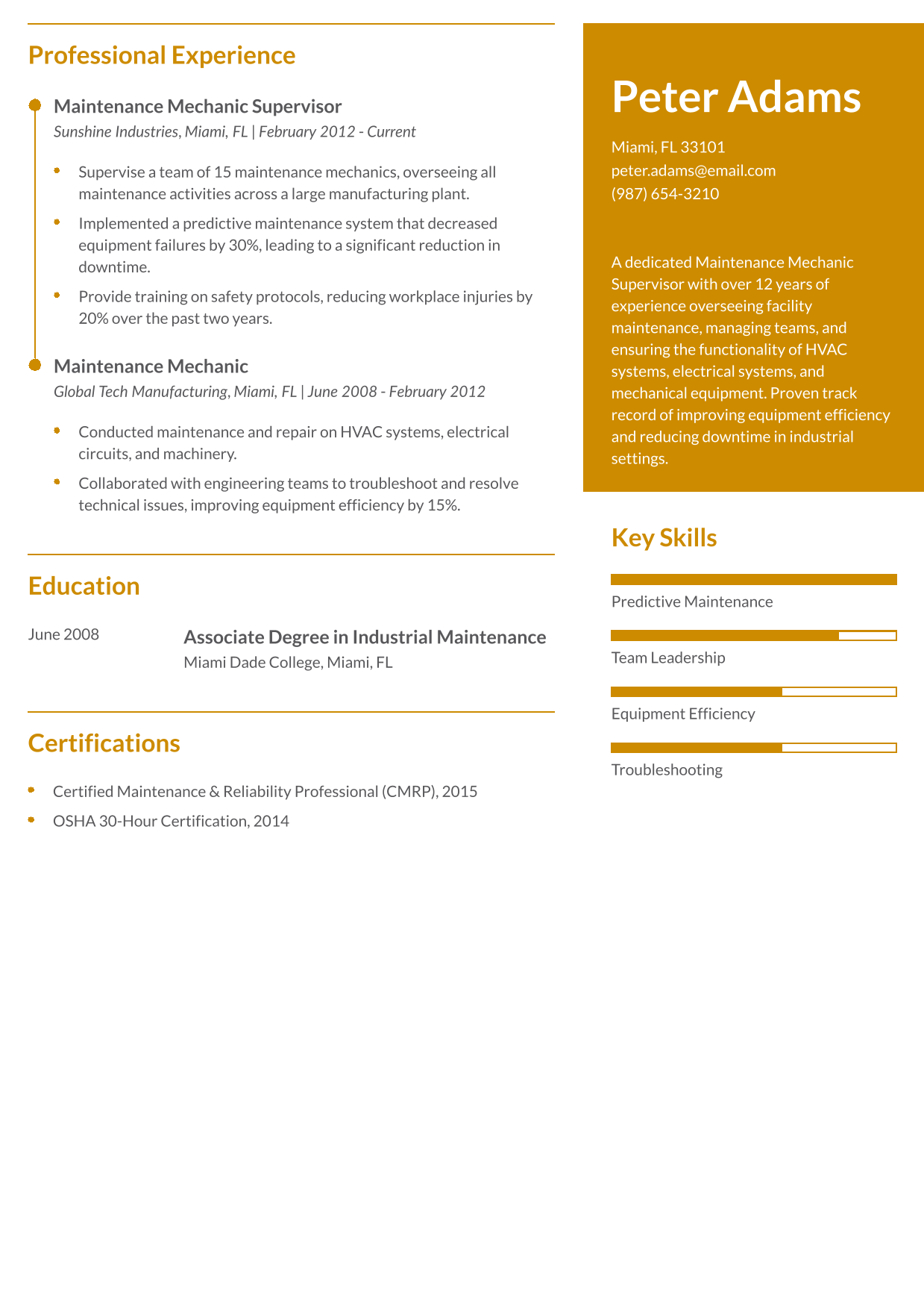 Maintenance Mechanic Supervisor Resume Example
