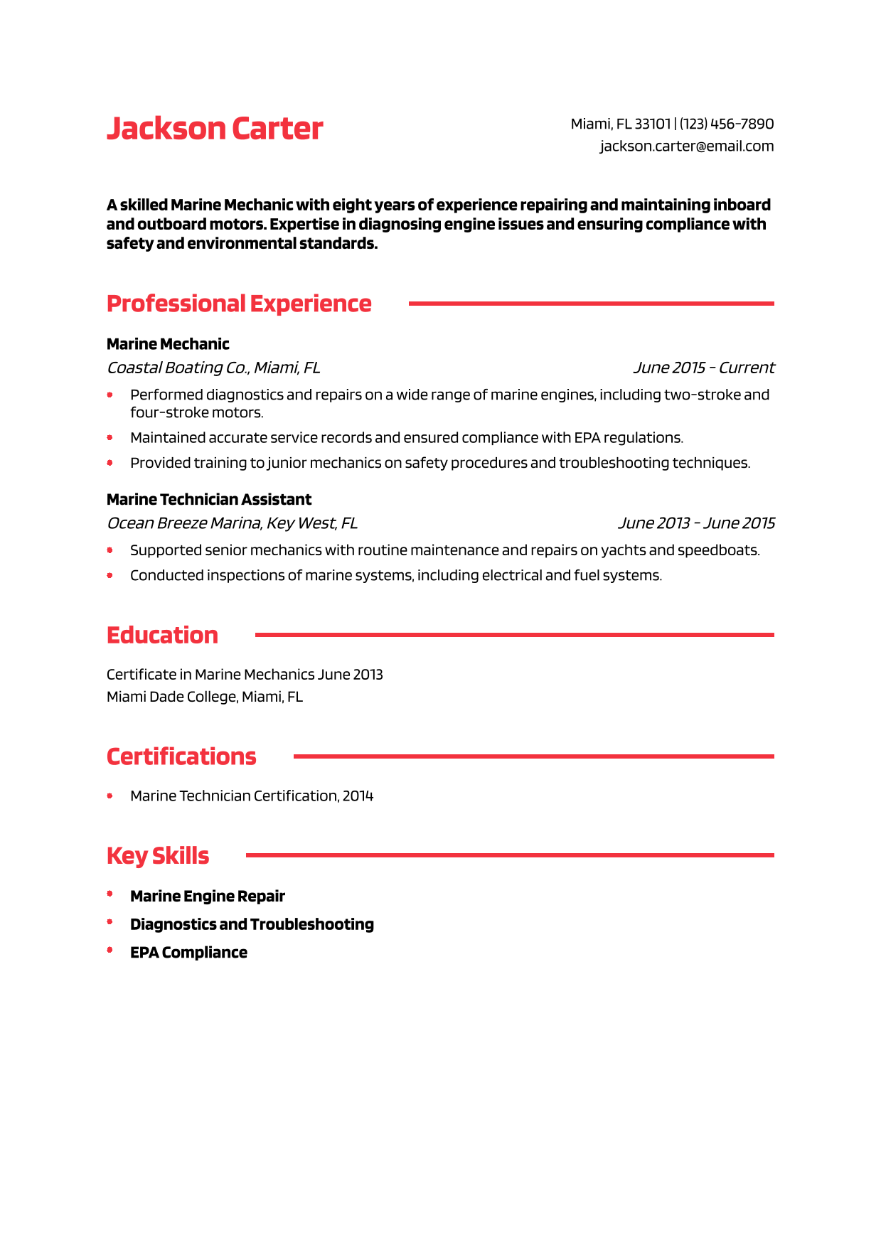 Marine Mechanic Resume Example