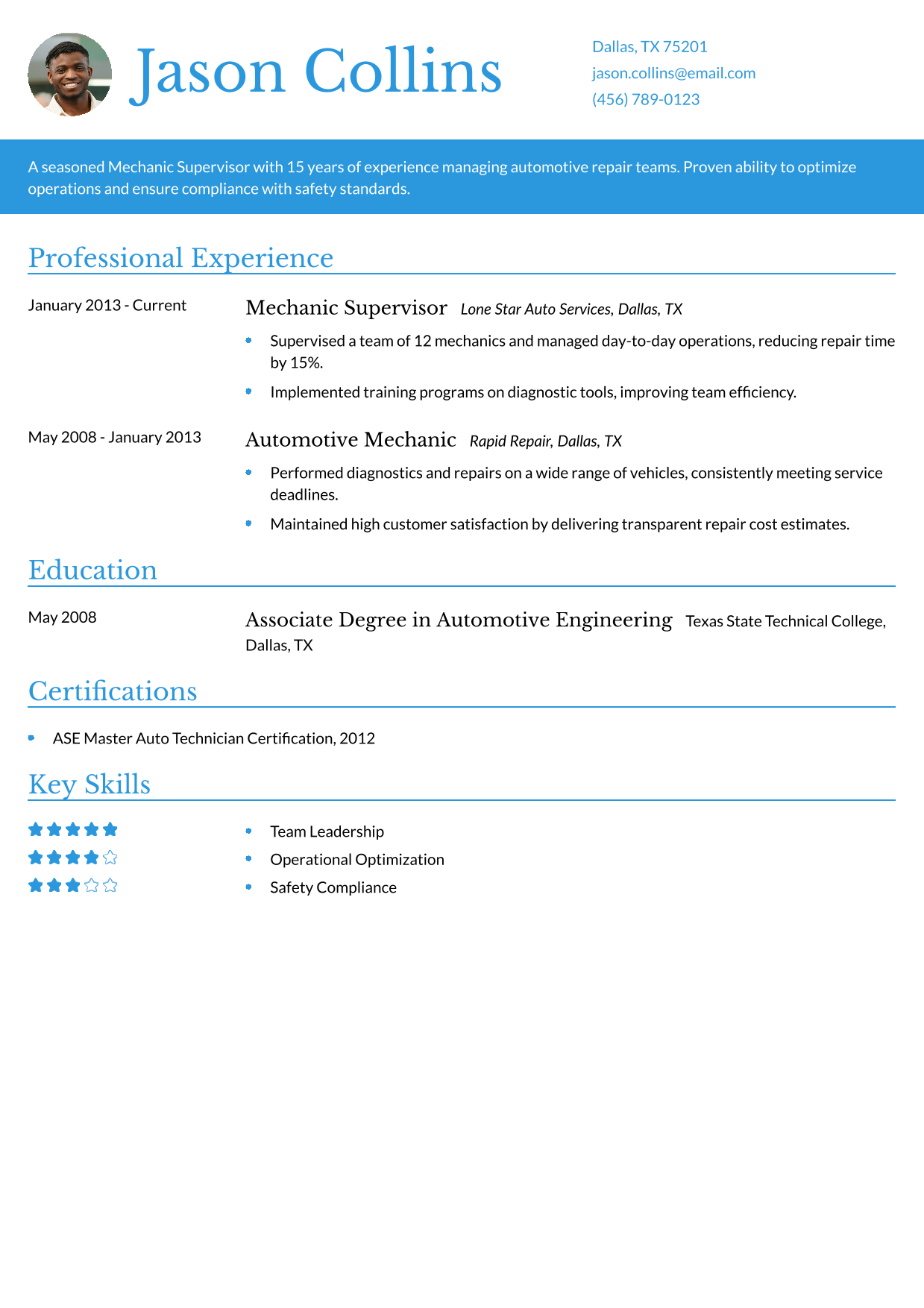 Mechanic Supervisor Resume Example
