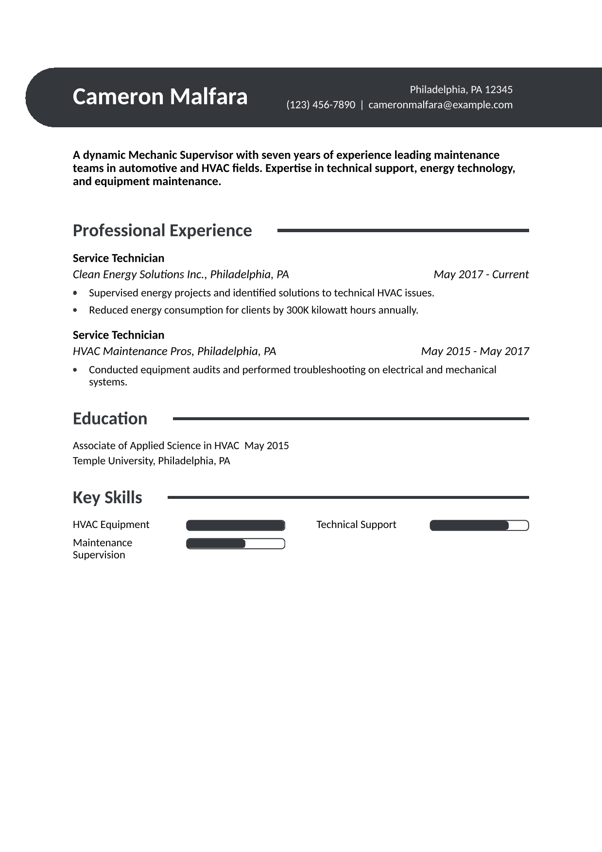 Mechanic Supervisor Resume Example