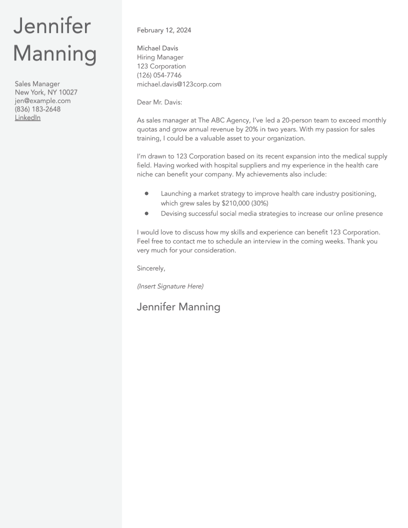 Sales Cover Letter Examples and Templates for 2024 - ResumeBuilder.com