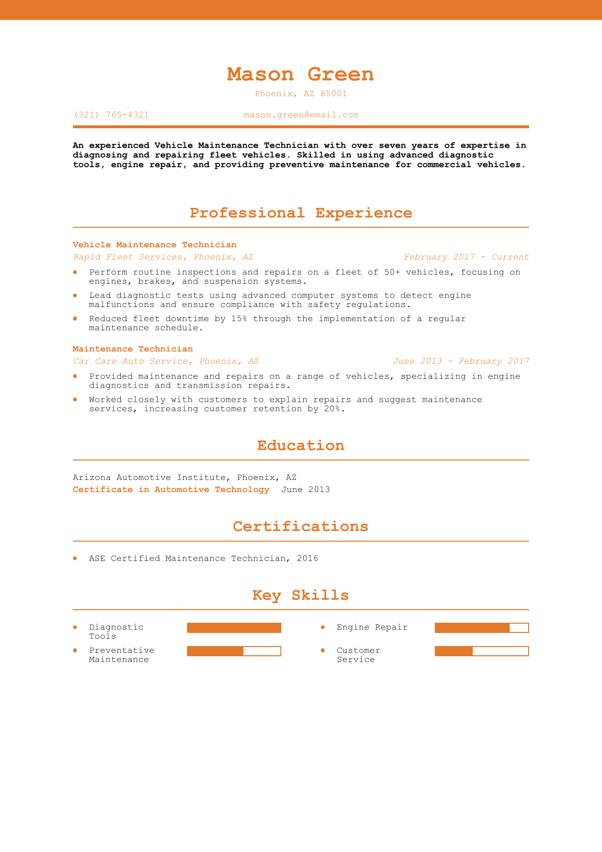 Vehicle Maintenance Technician Resume Example