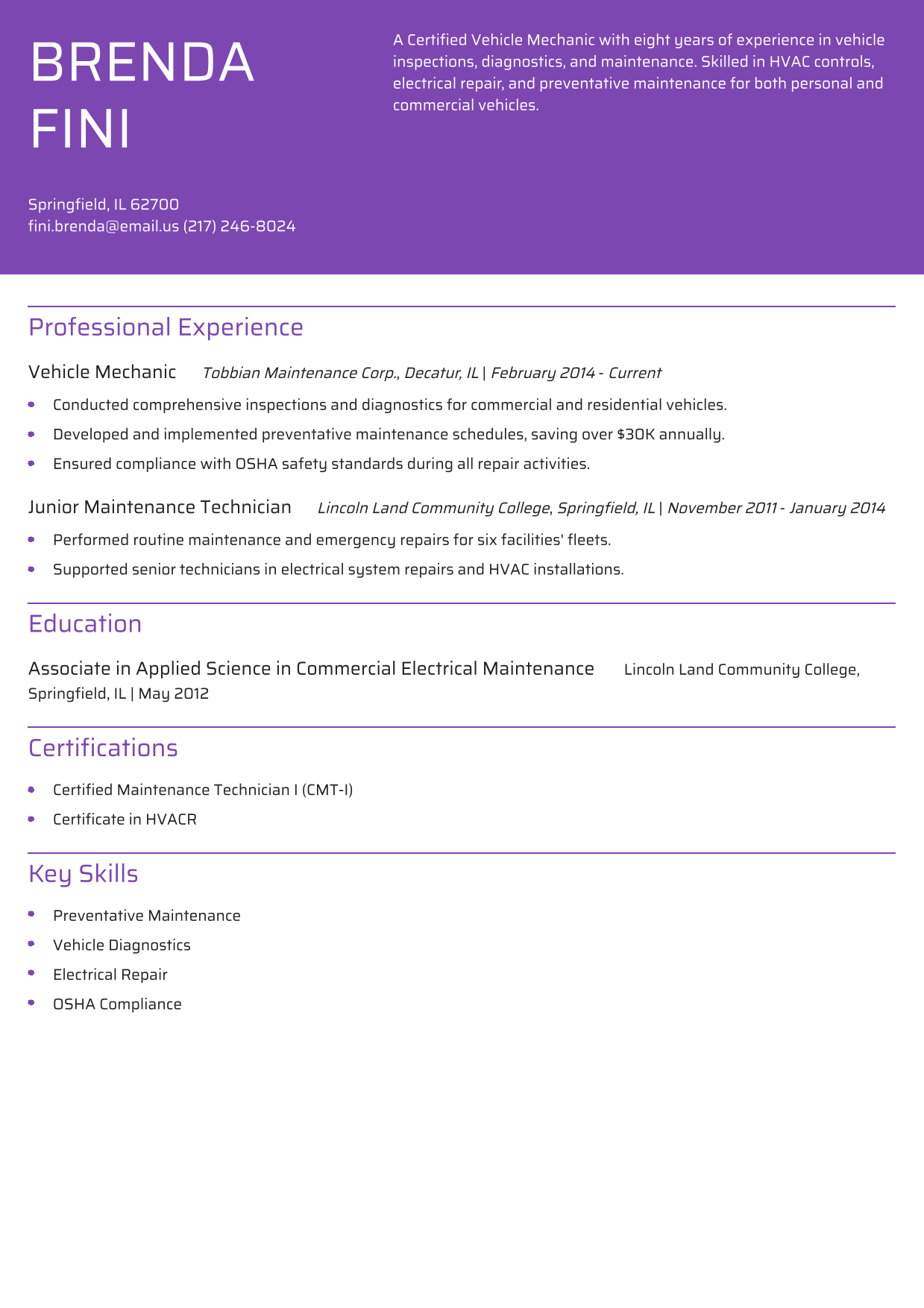 Vehicle Mechanic Resume Example