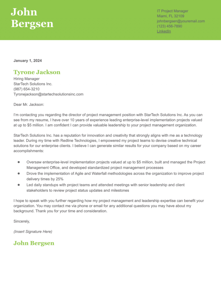 Project Manager Cover Letter Examples and Templates for 2024