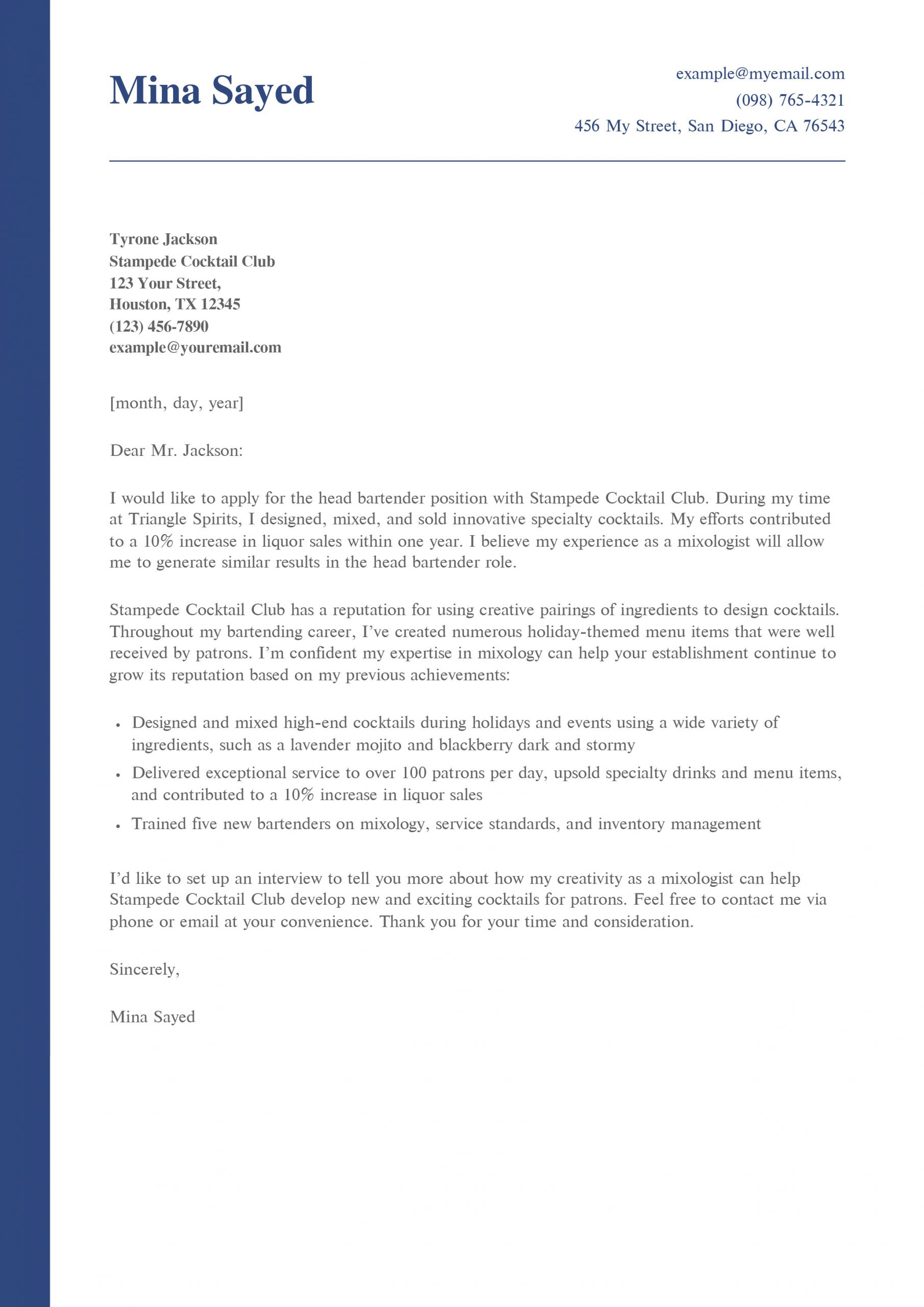 Bartender Cover Letter Examples and Templates for 2025