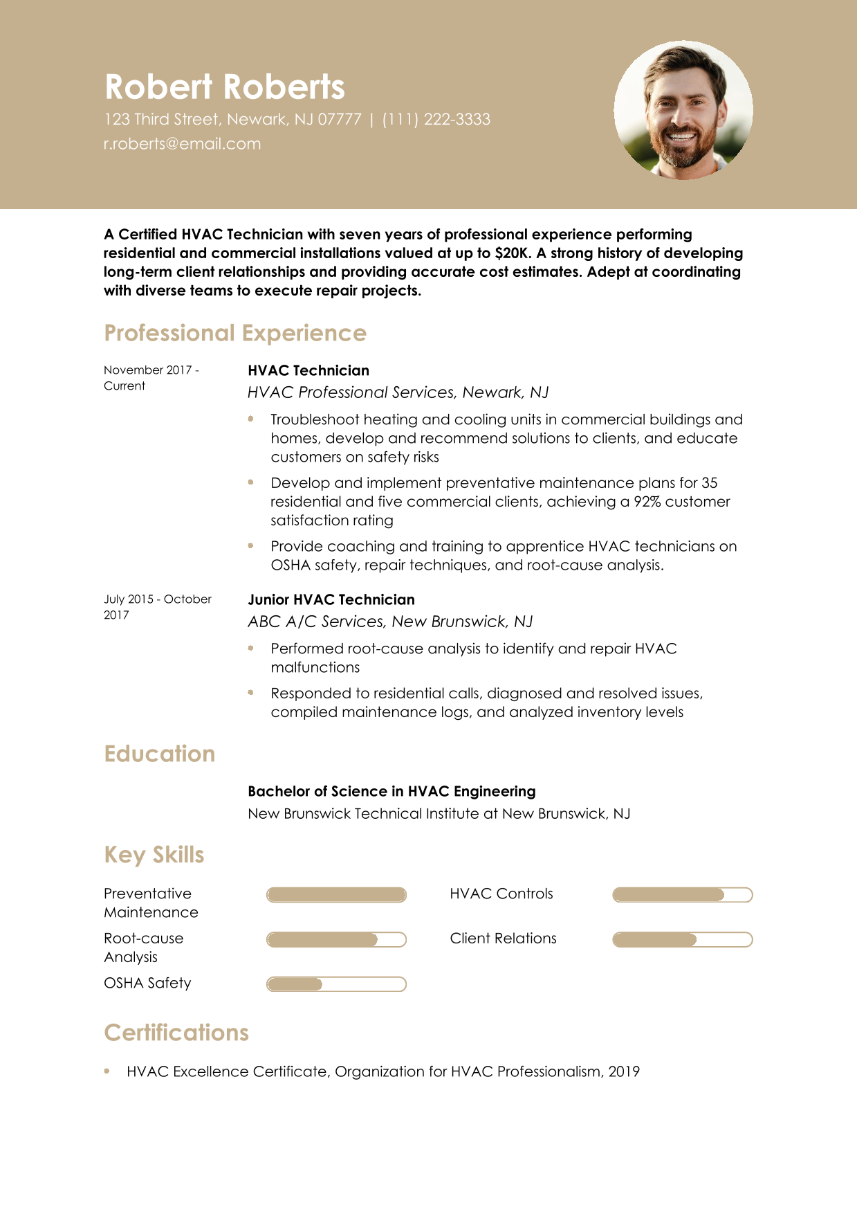Certified HVAC Technician Resume Example