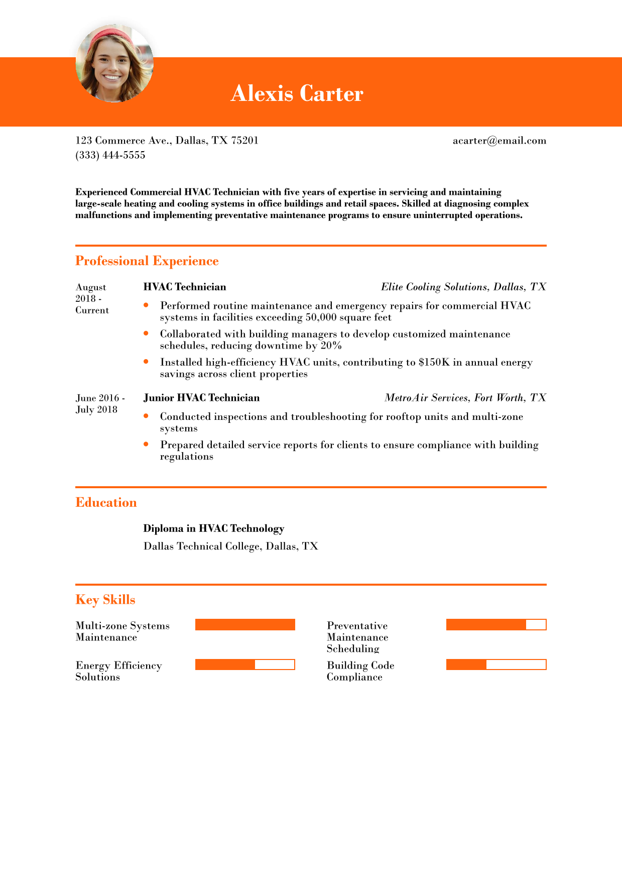 Commercial HVAC Technician Resume Example