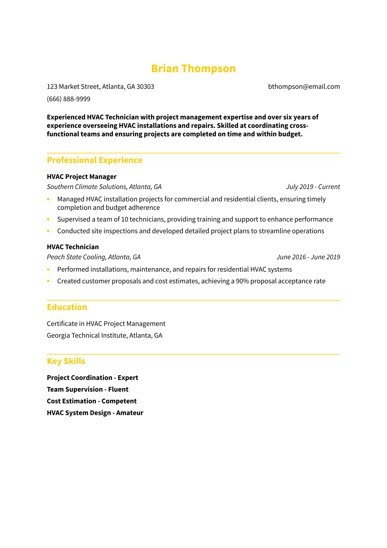 HVAC Technician with Project Management Skills Resume Example