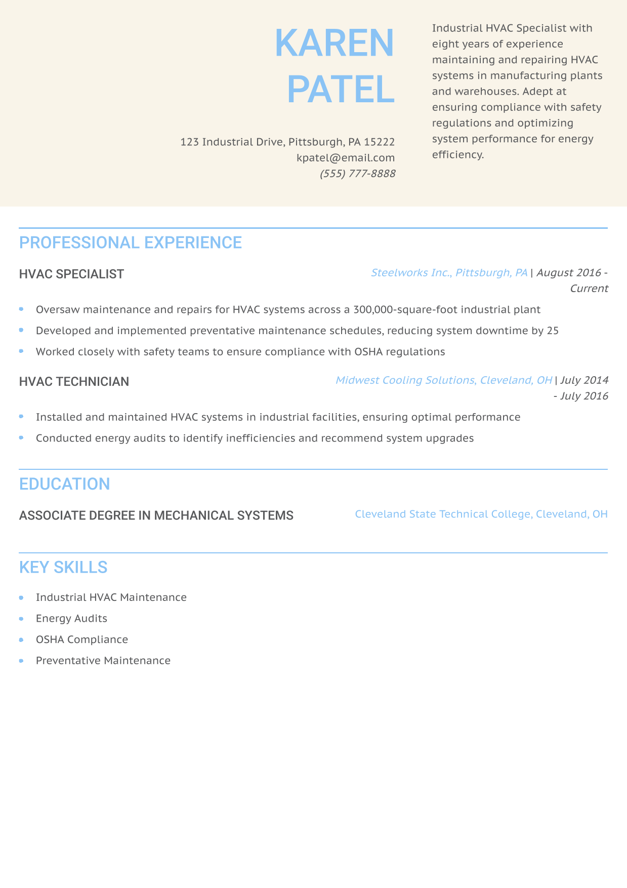 Industrial HVAC Specialist Resume Example