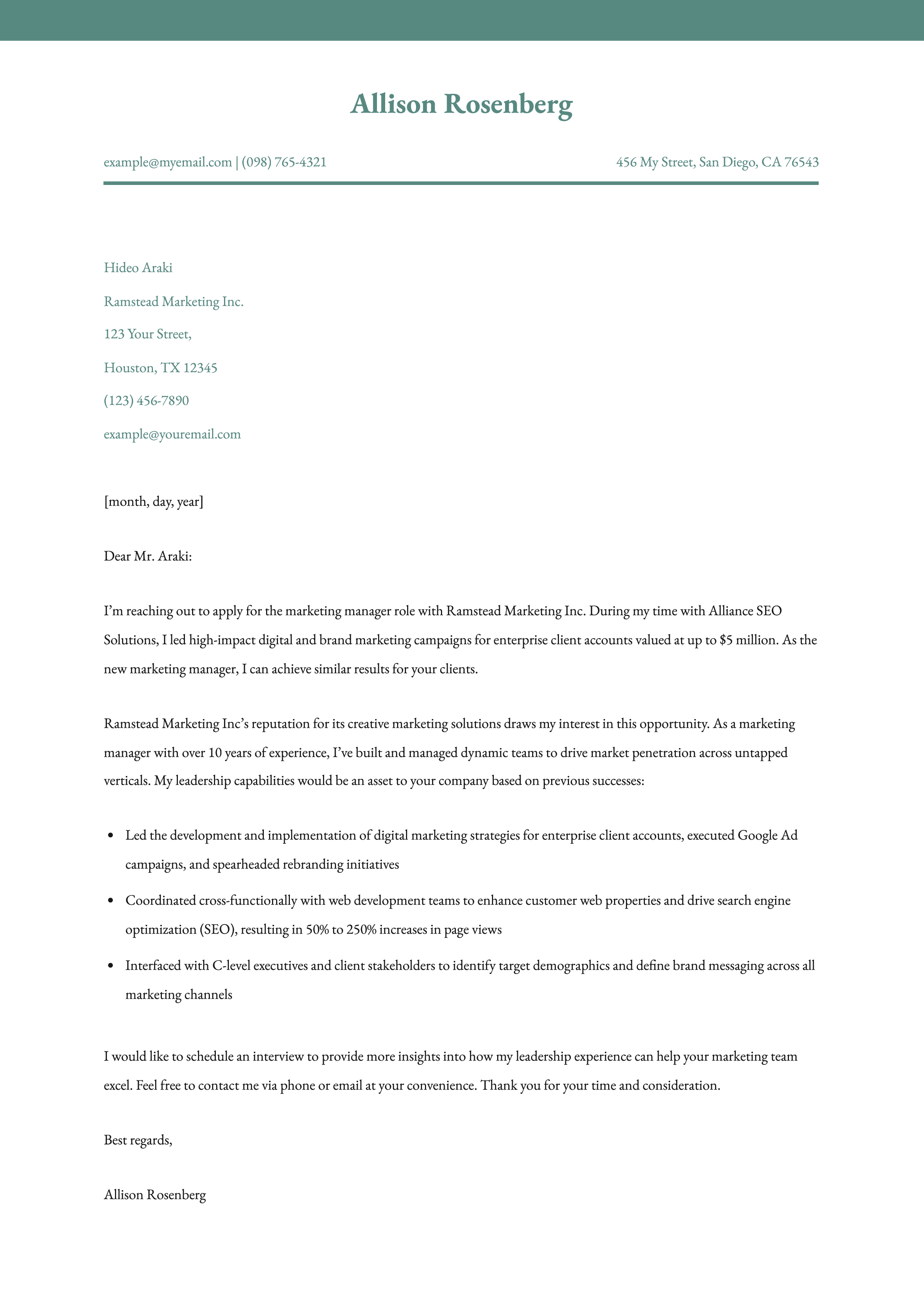 Marketing Manager Cover Letter