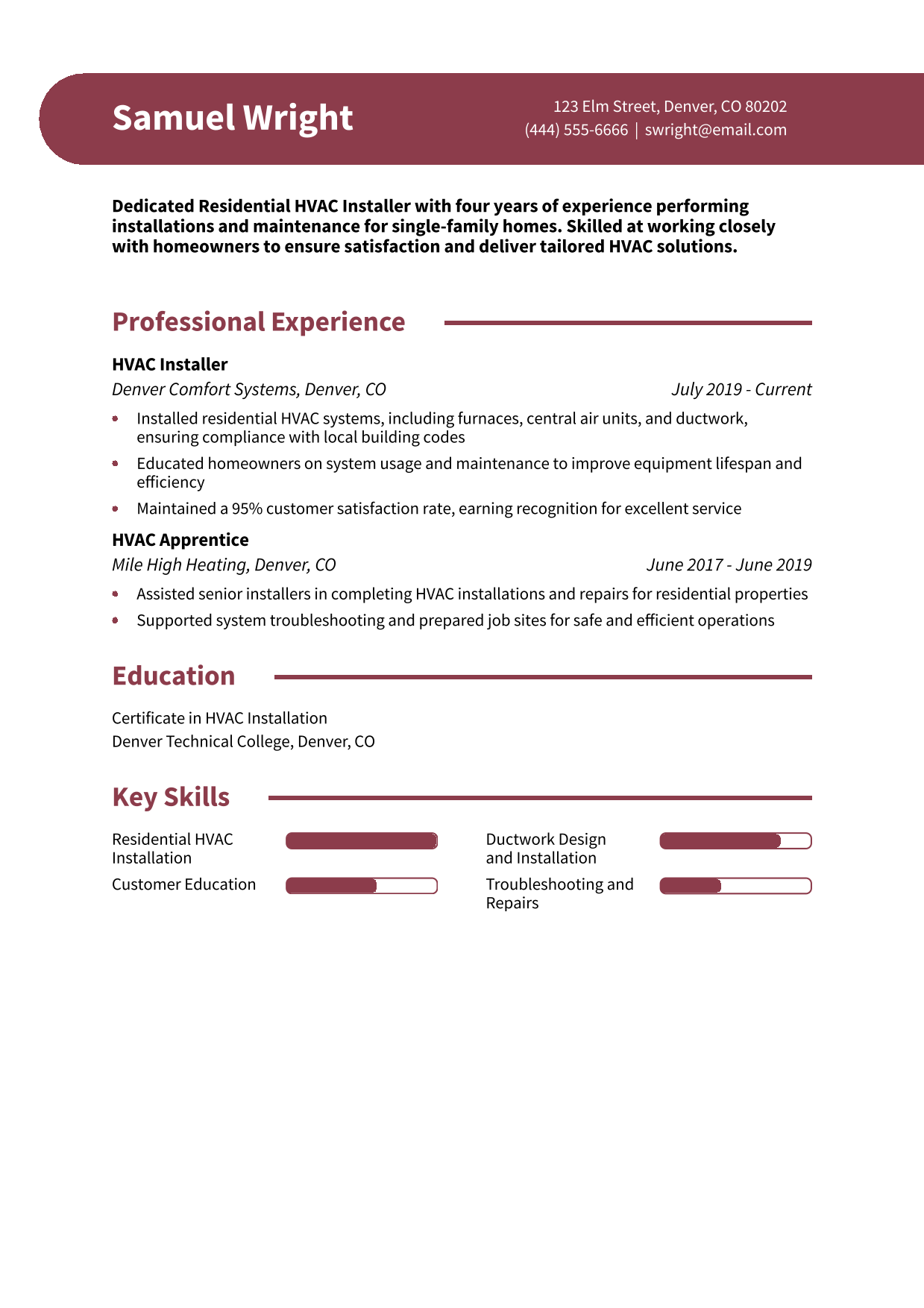 Residential HVAC Installer Resume Example