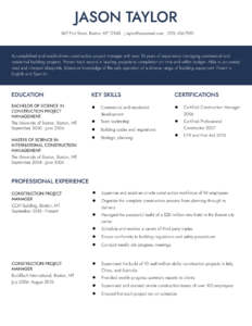 Construction Project Manager Resume Example