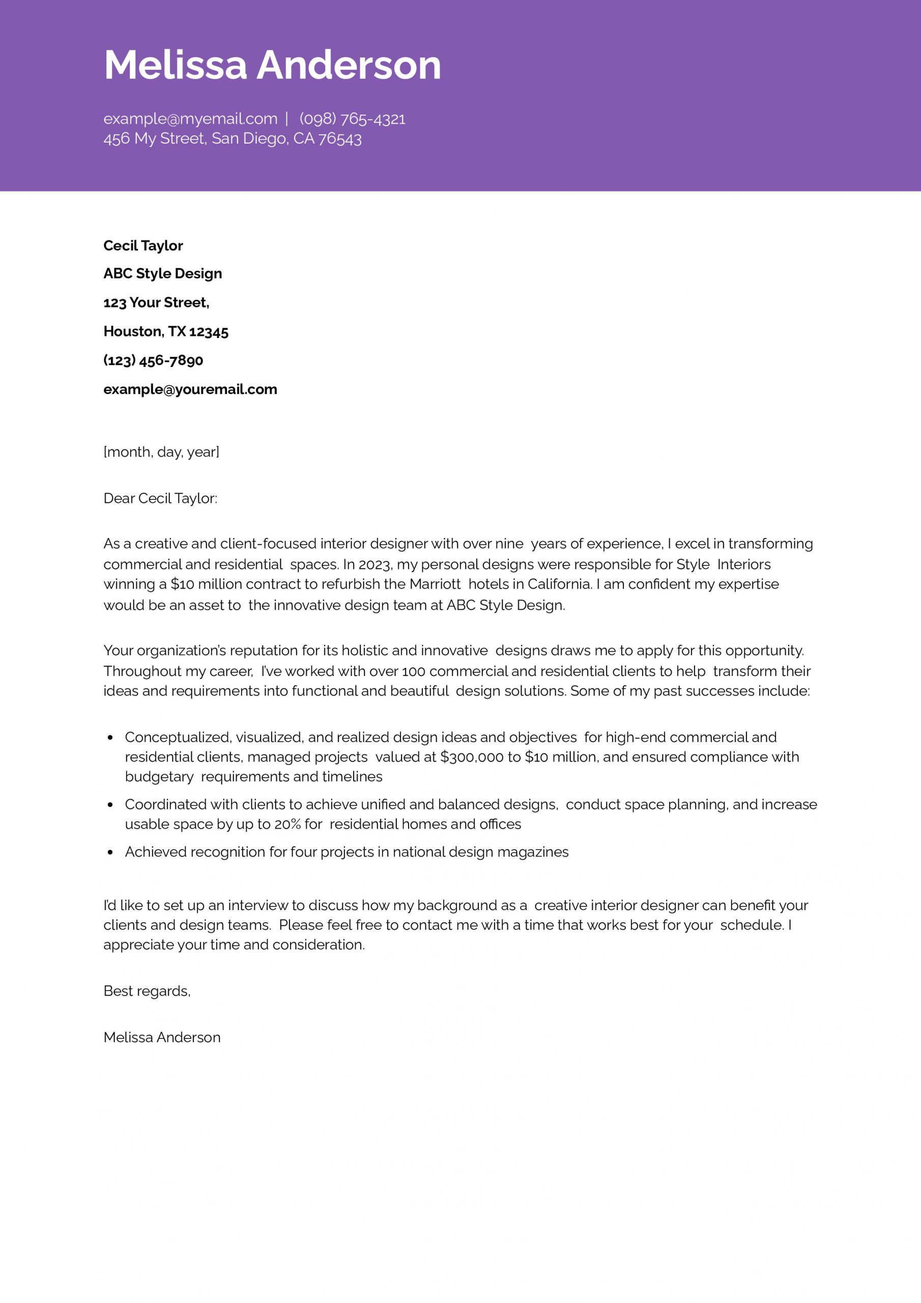 Interior Designer Cover Letter Examples and Templates for 2025