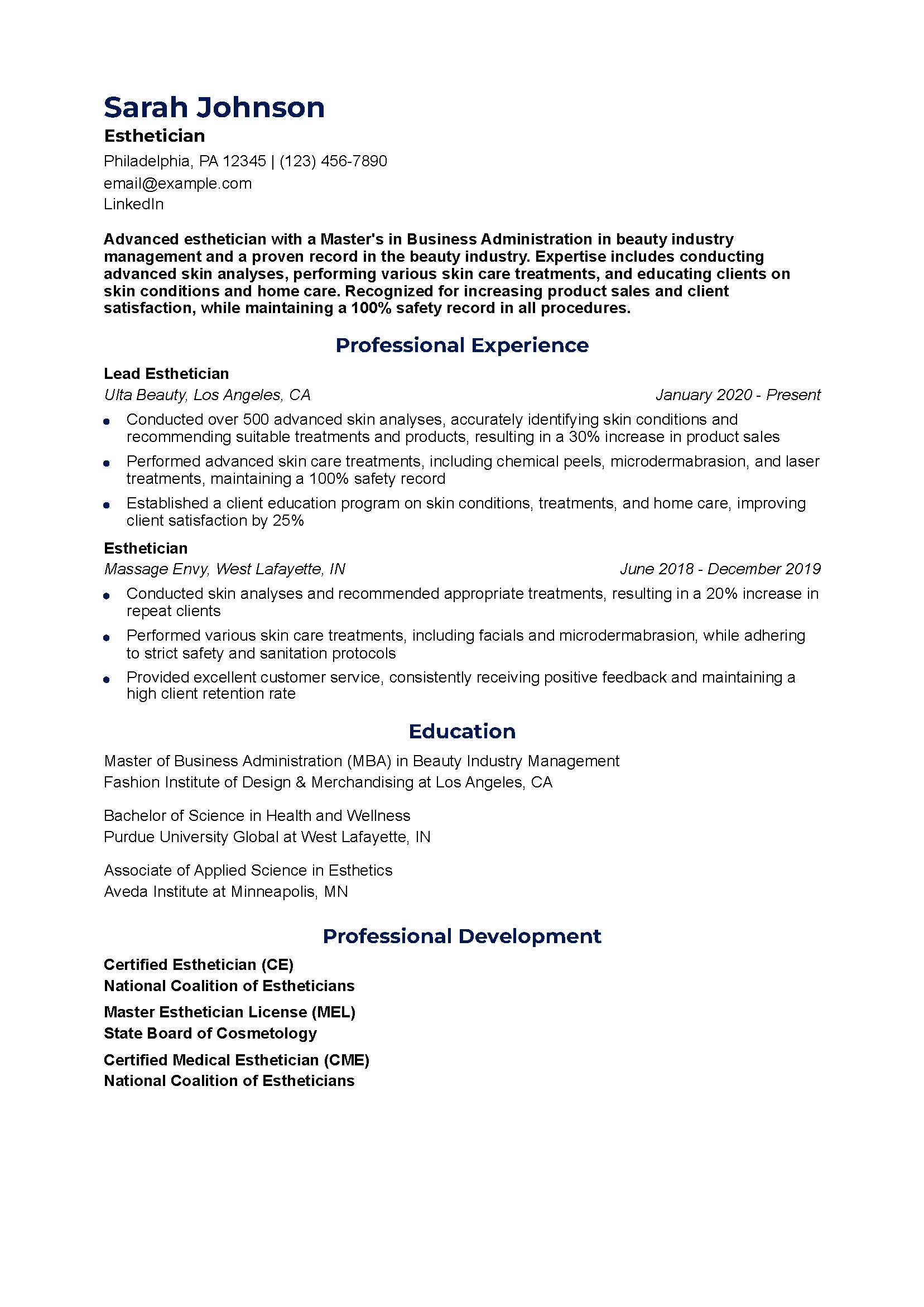 Advanced Esthetician Resume