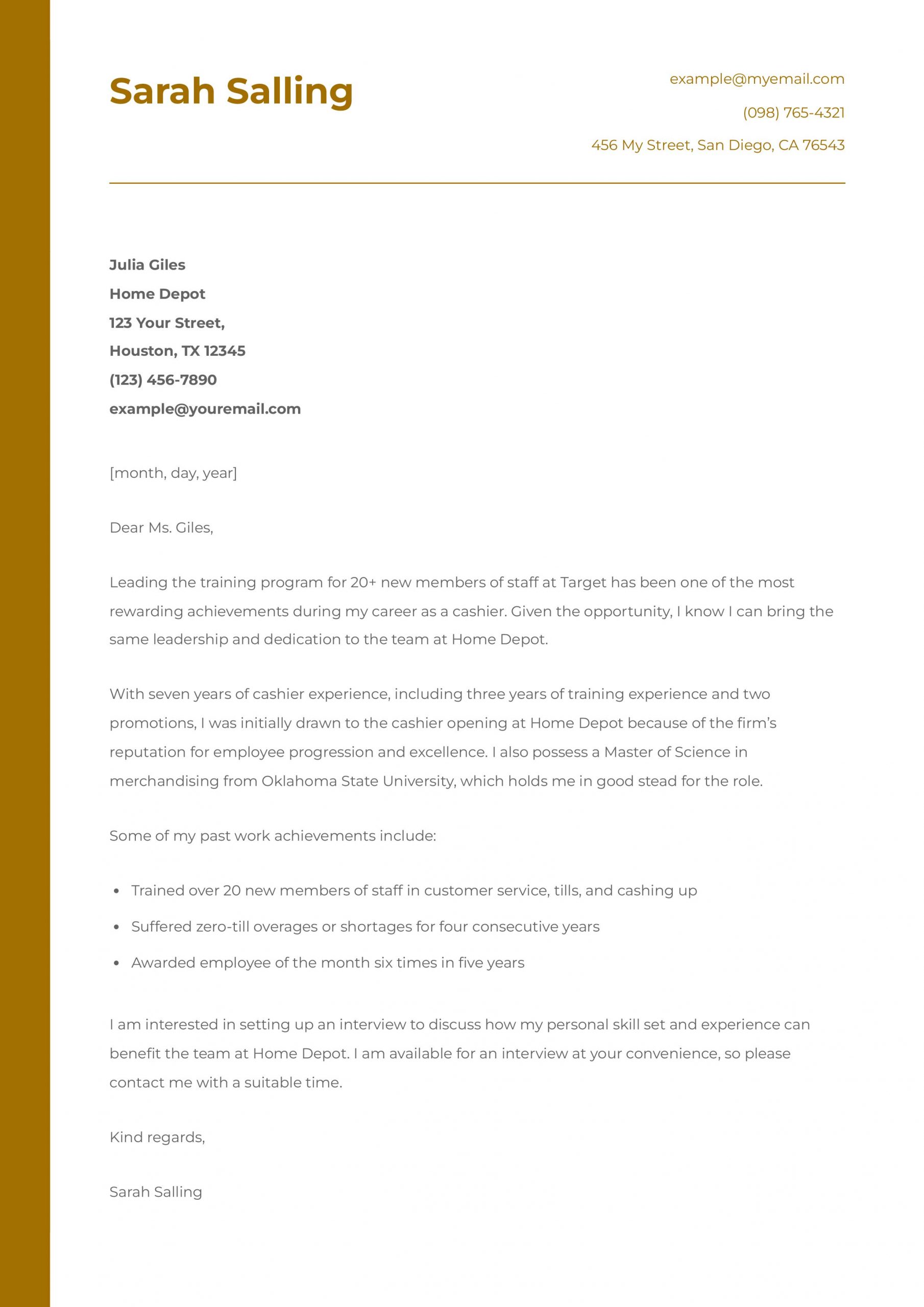 Cashier Cover Letter Examples and Templates for 2025