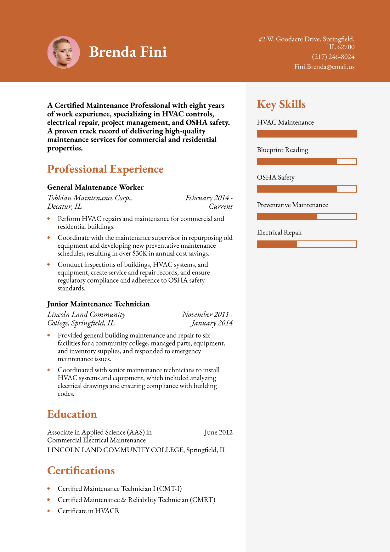 Certified Maintenance Professional Resume Example