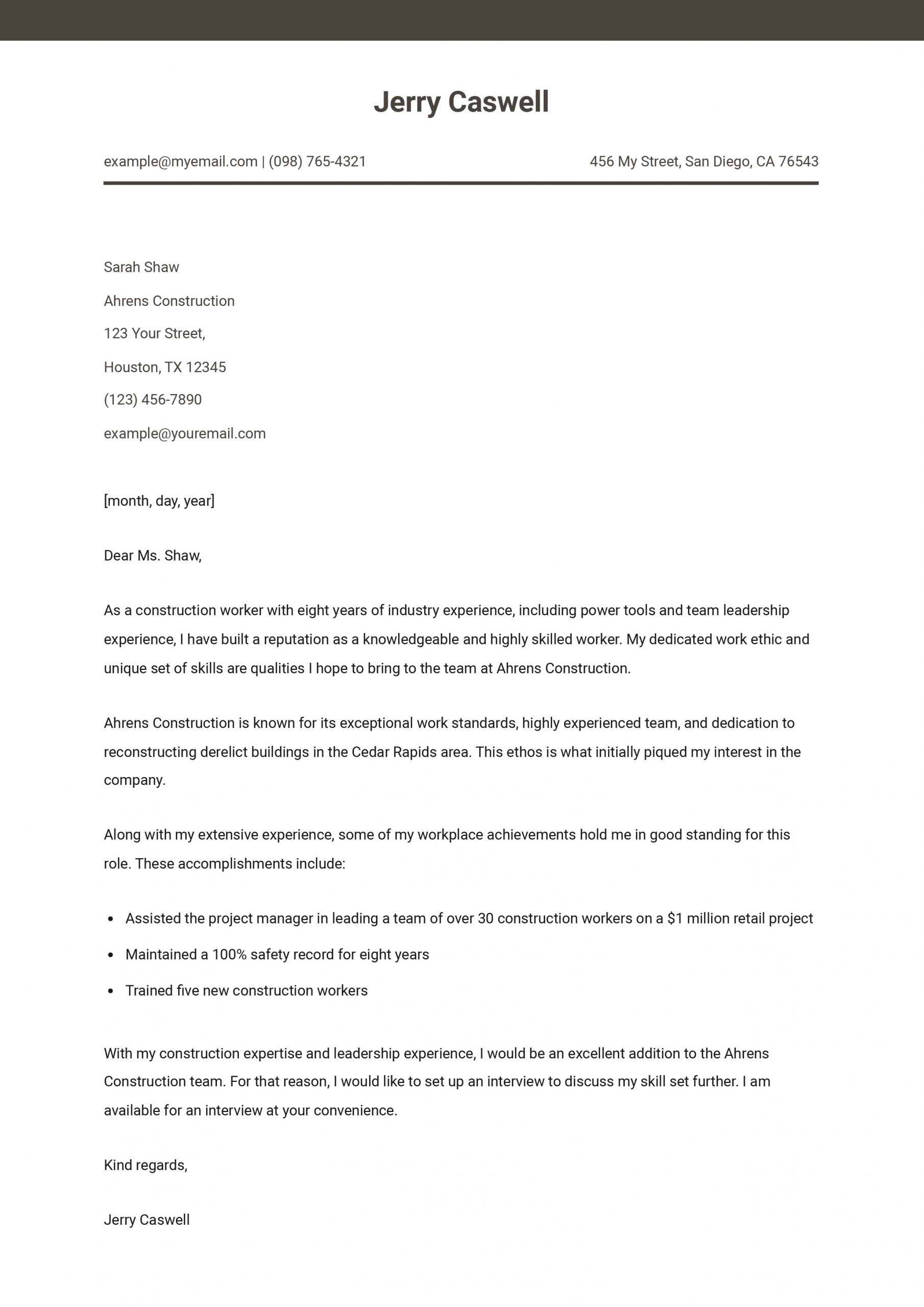 Construction Worker Cover Letter Examples and Templates for 2025