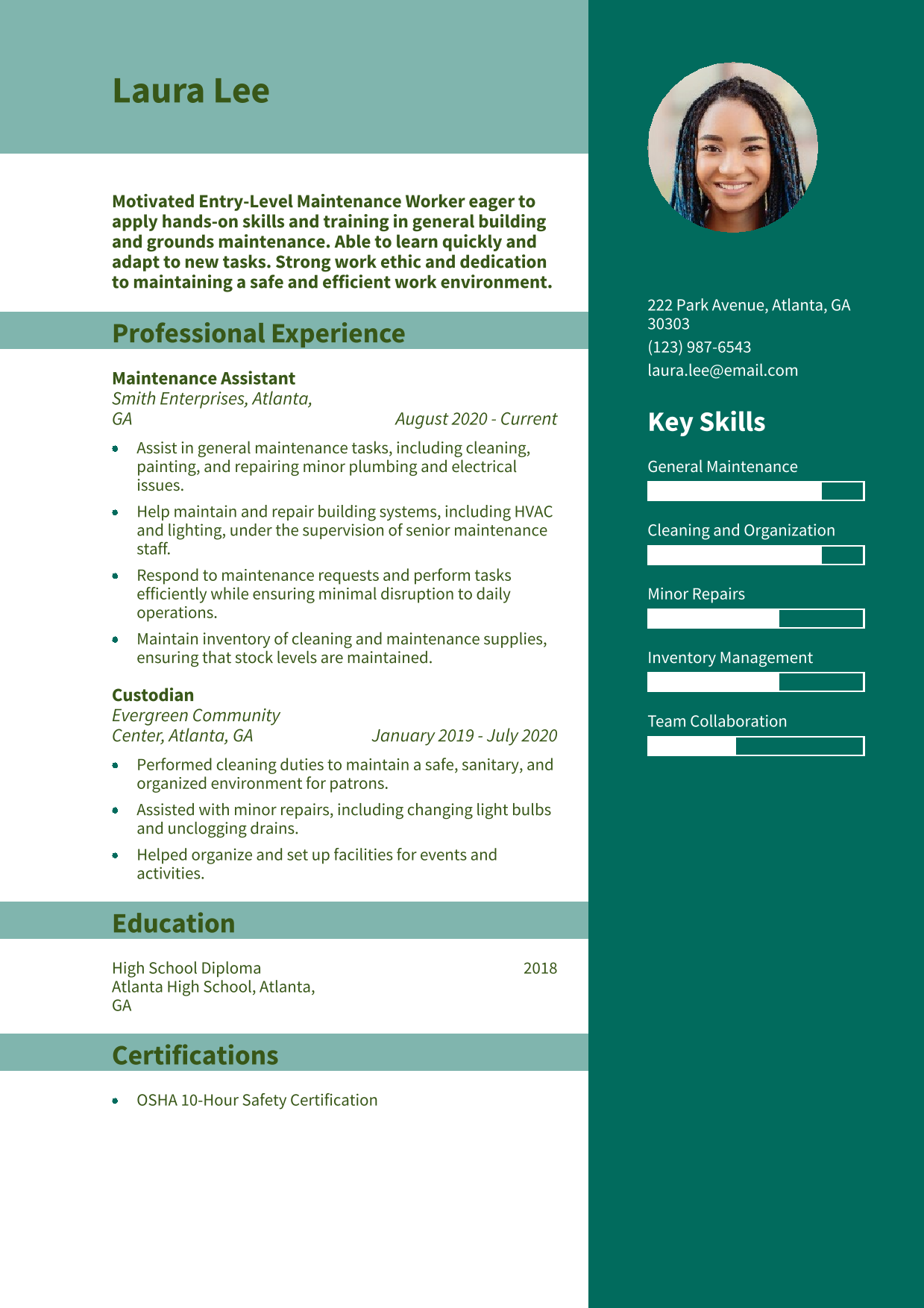Entry-Level Maintenance Worker Resume Example 1