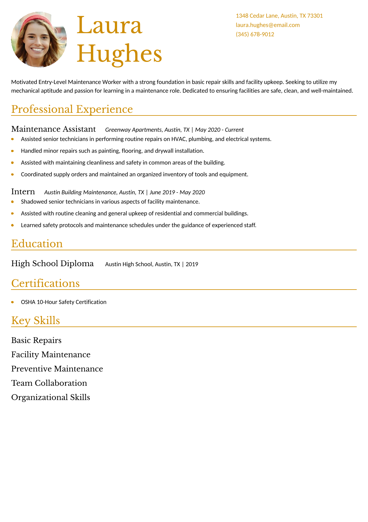 Entry-Level Maintenance Worker Resume Example 2