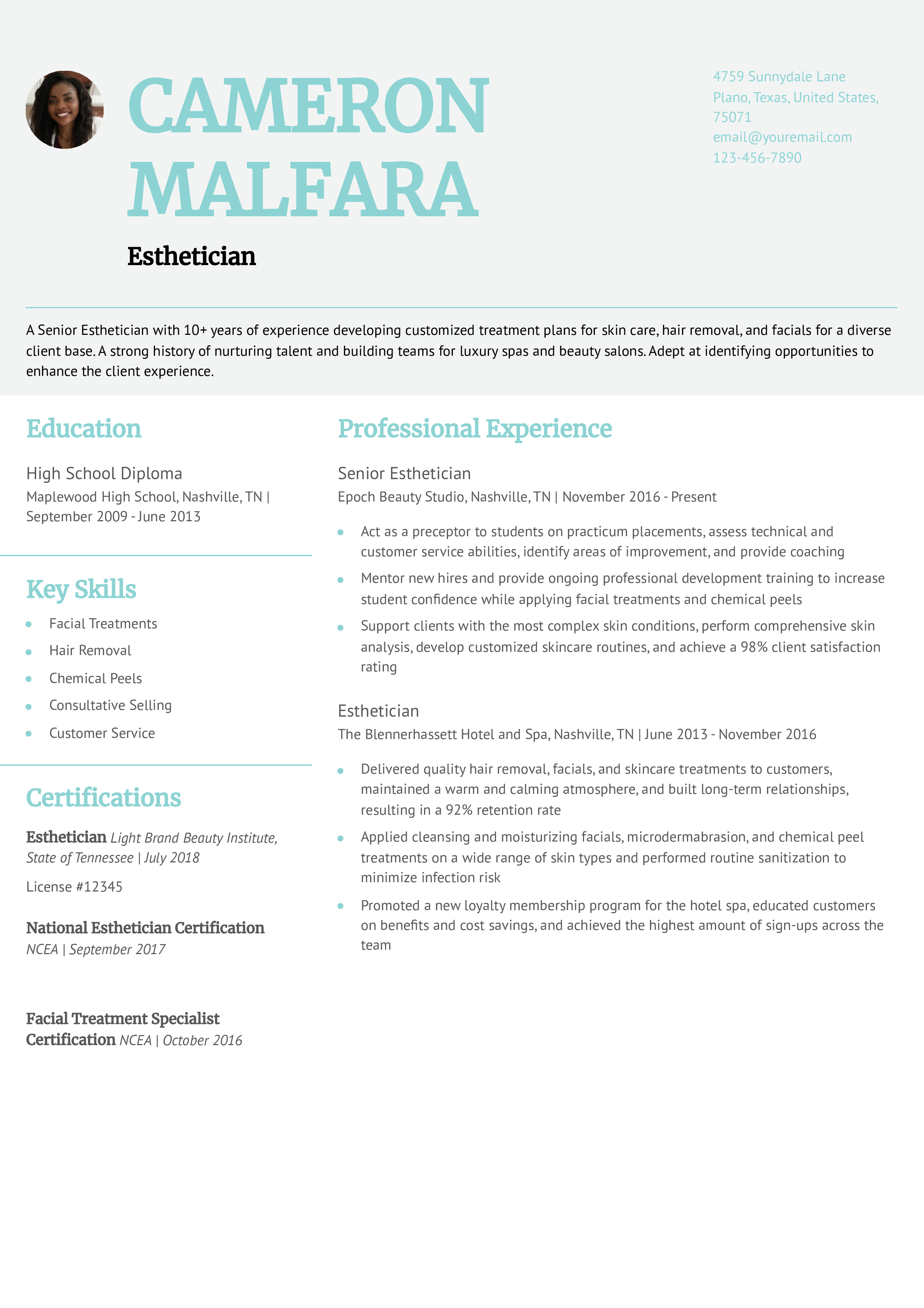 Senior Esthetician Resume