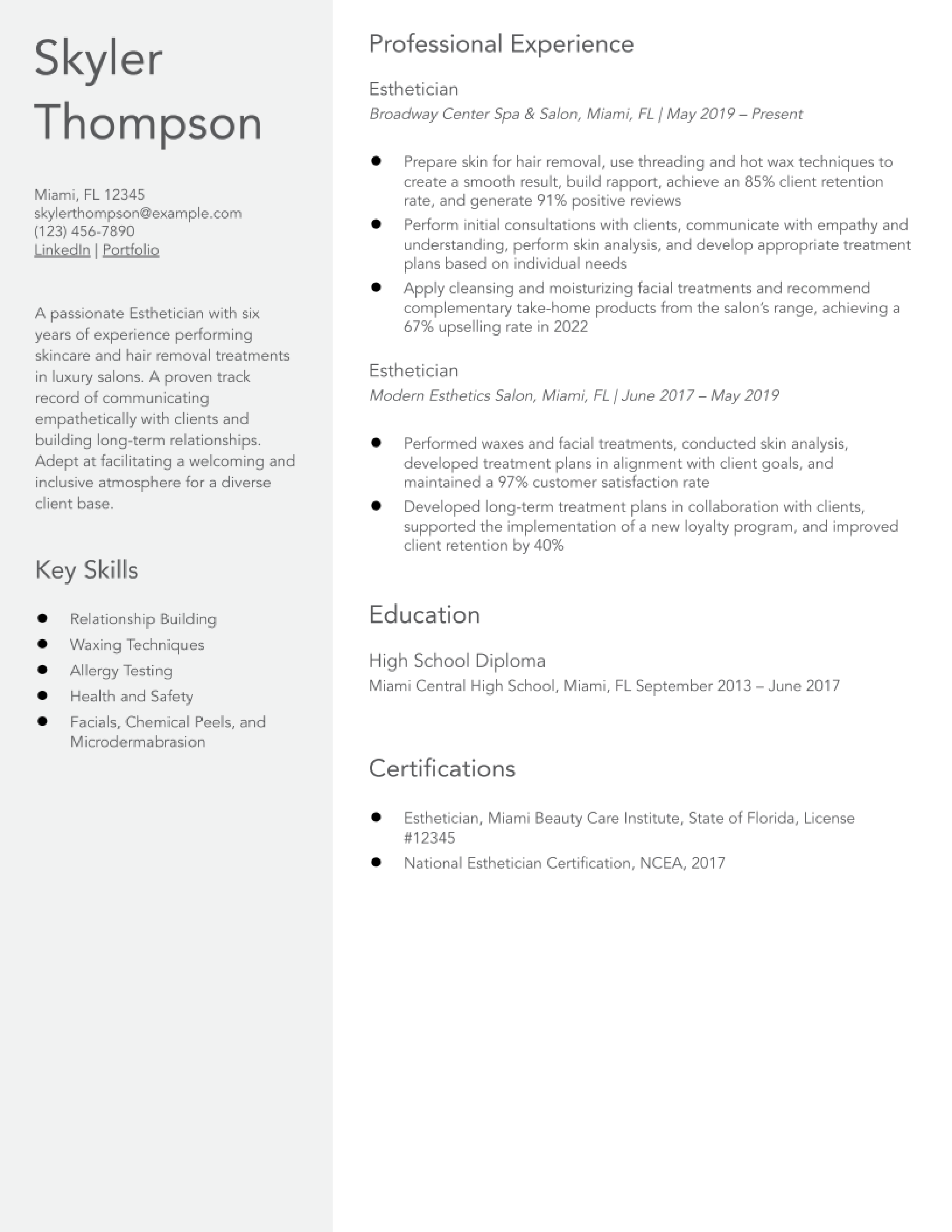Mid-Career Esthetician Resume