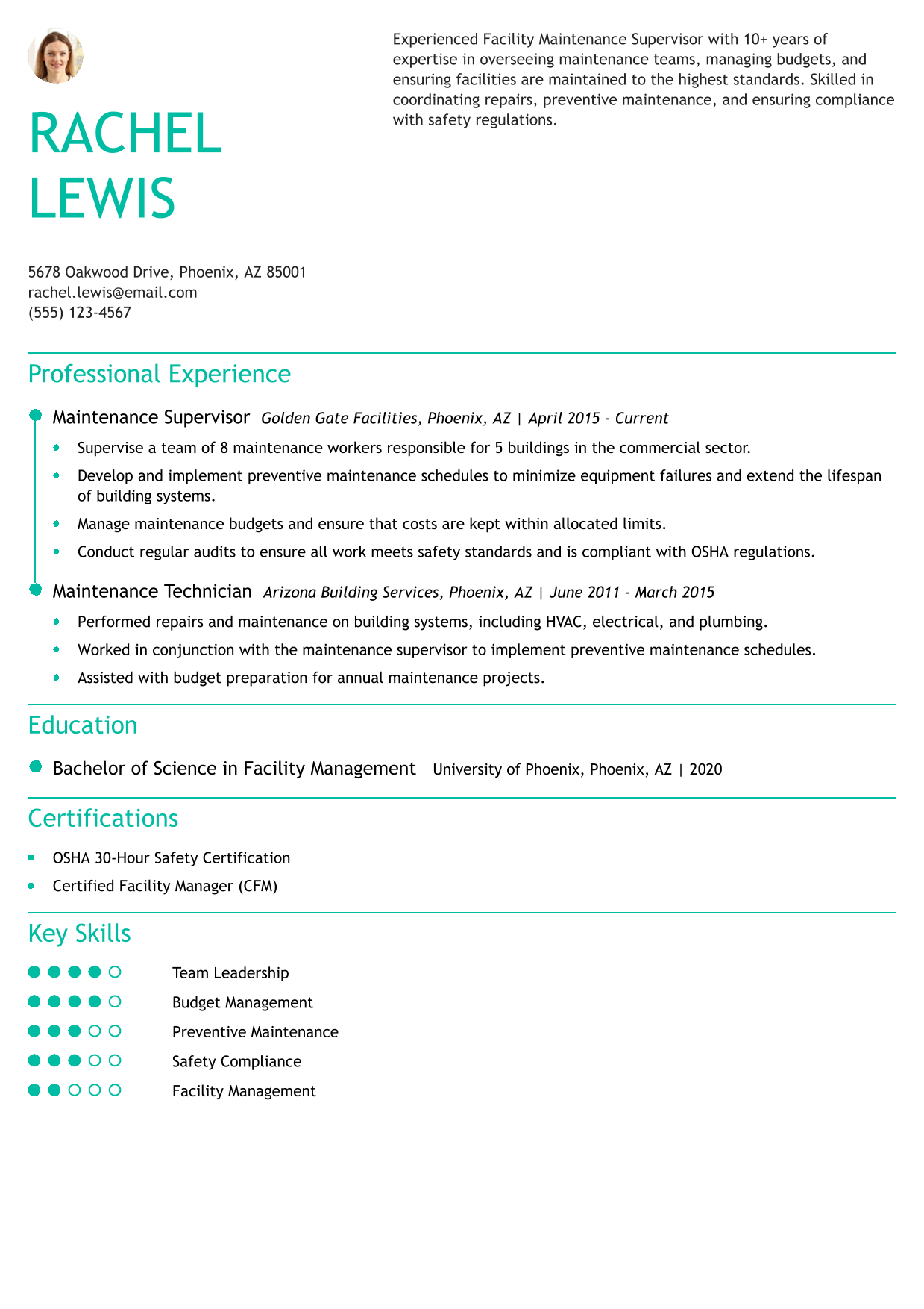 Facility Maintenance Supervisor Resume Example