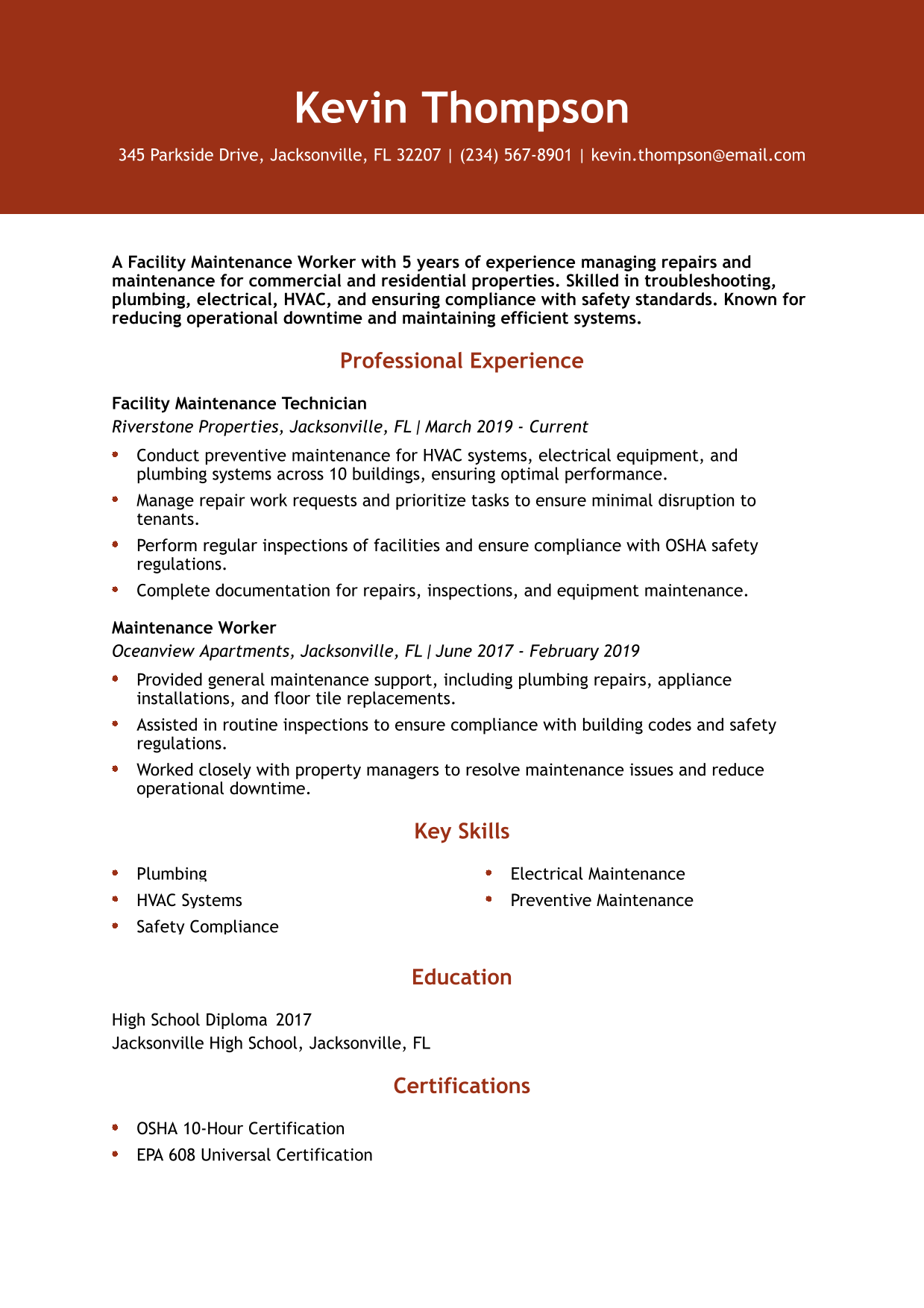 Facility Maintenance Worker Resume Example 1