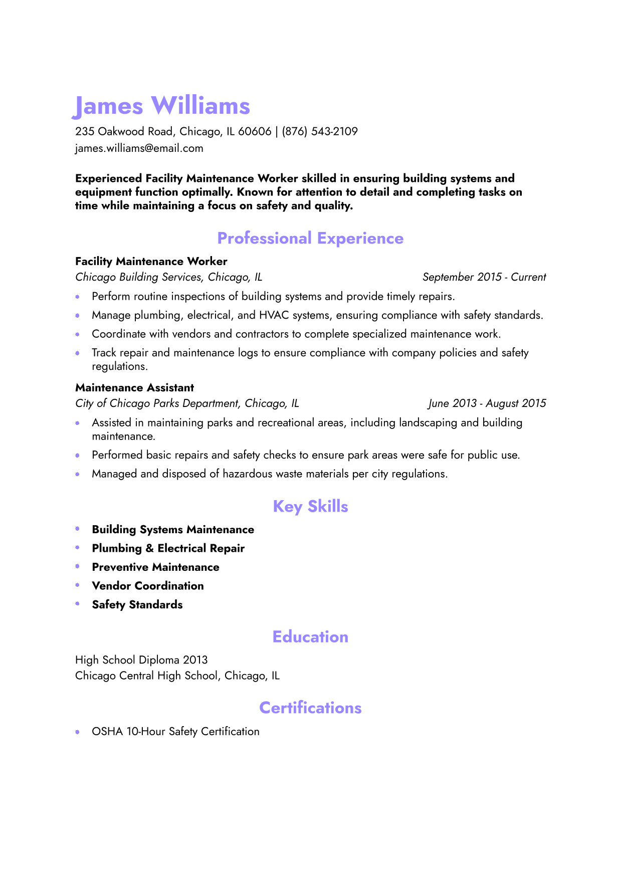 Facility Maintenance Worker Resume Example 2