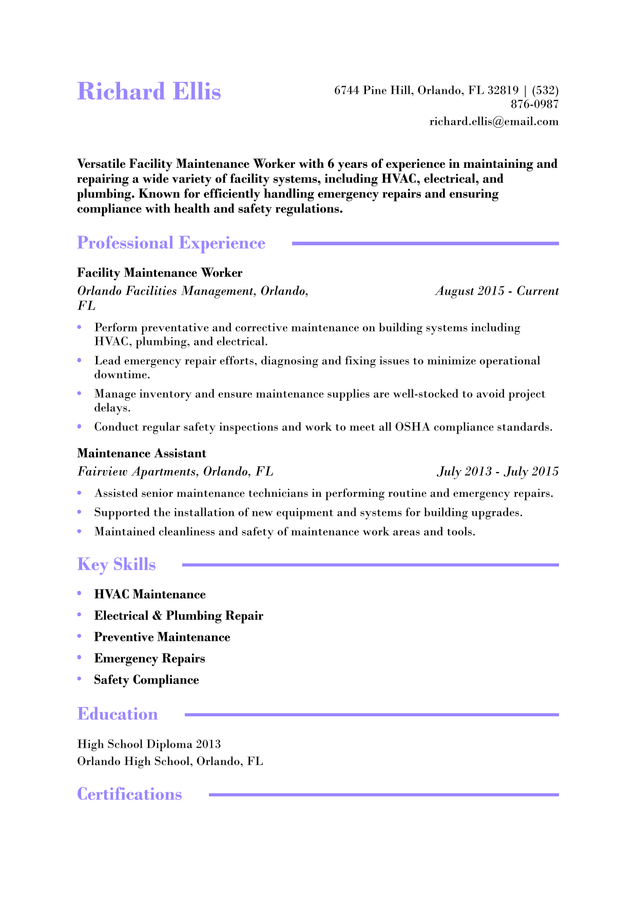 Facility Maintenance Worker Resume Example 3