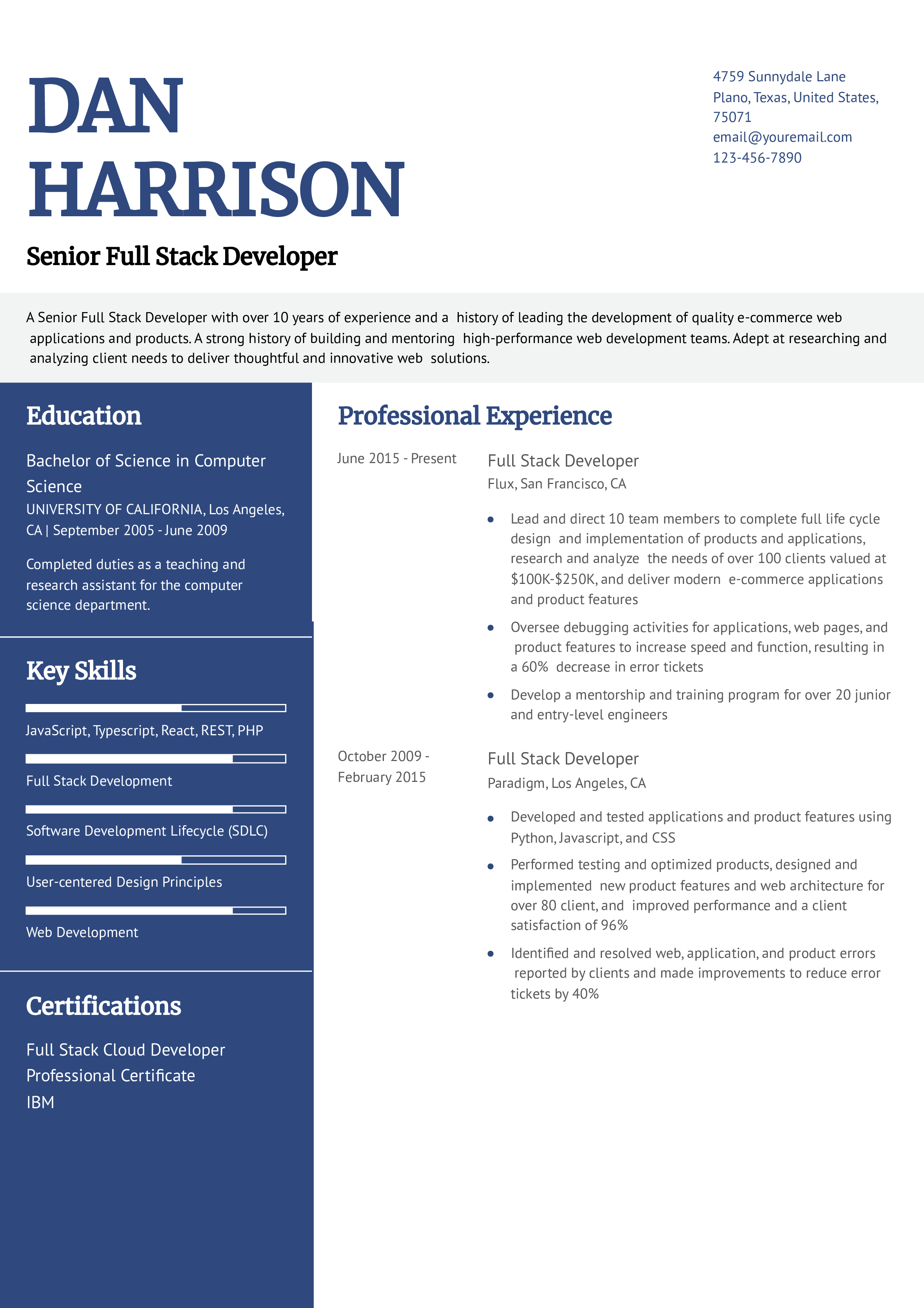 Senior Full Stack Developer Resume Example