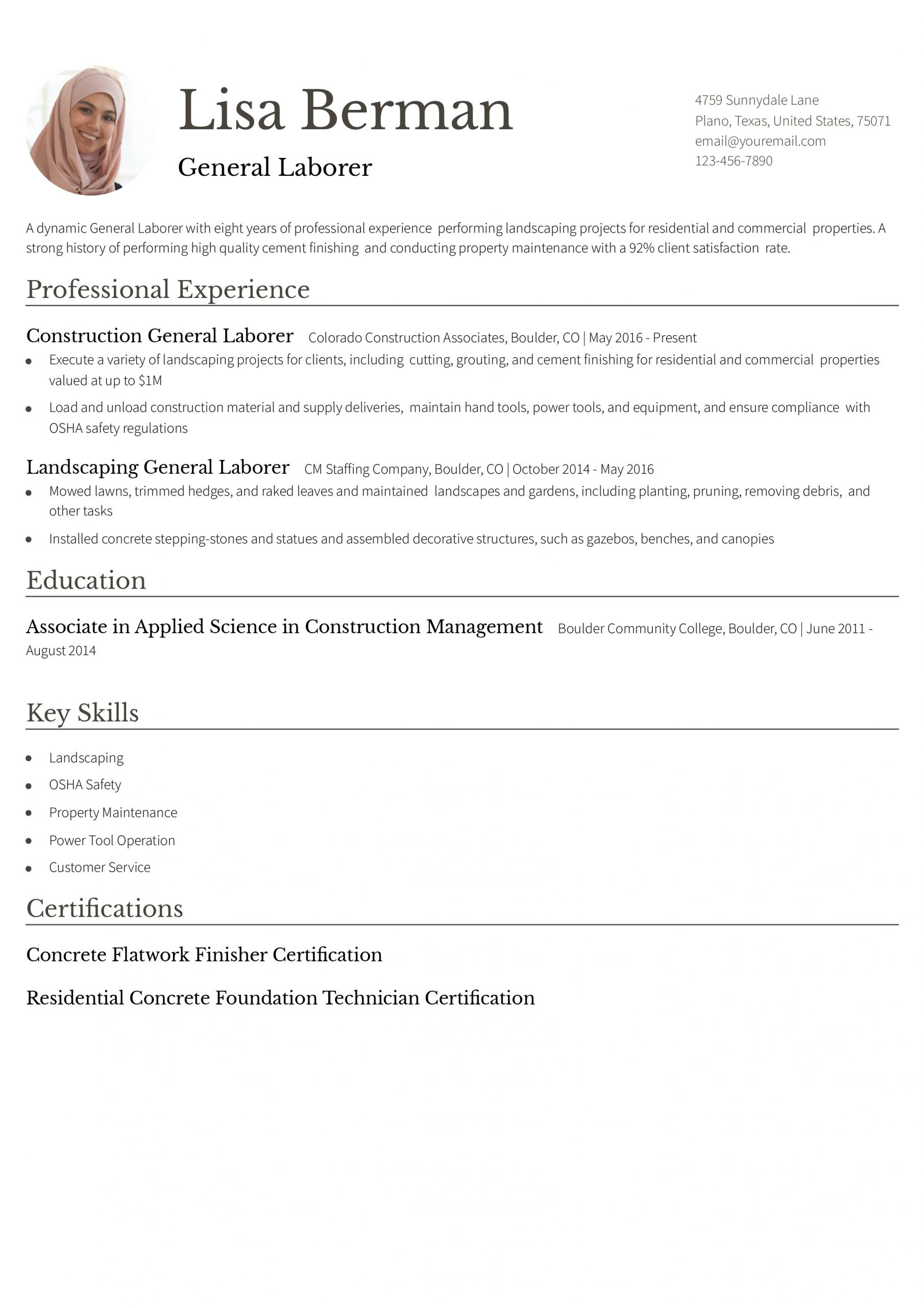 General Laborer Resume Example