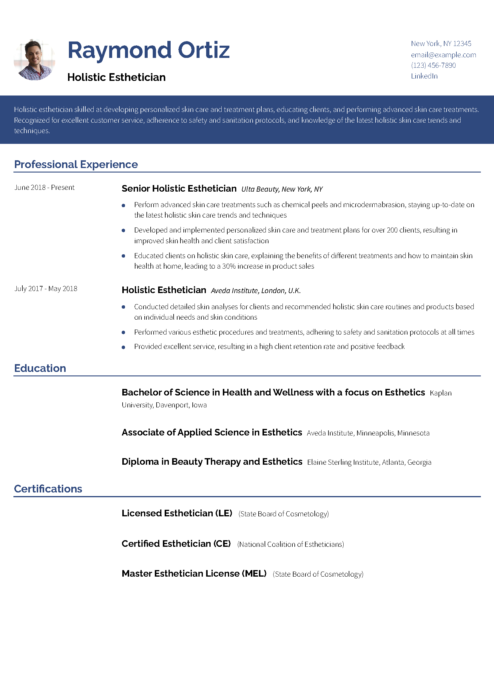 Holistic Esthetician Resume