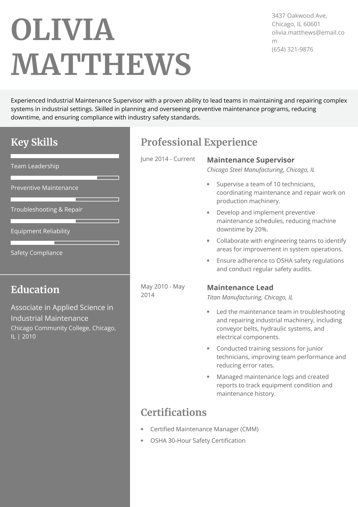 Industrial Maintenance Supervisor Resume Example