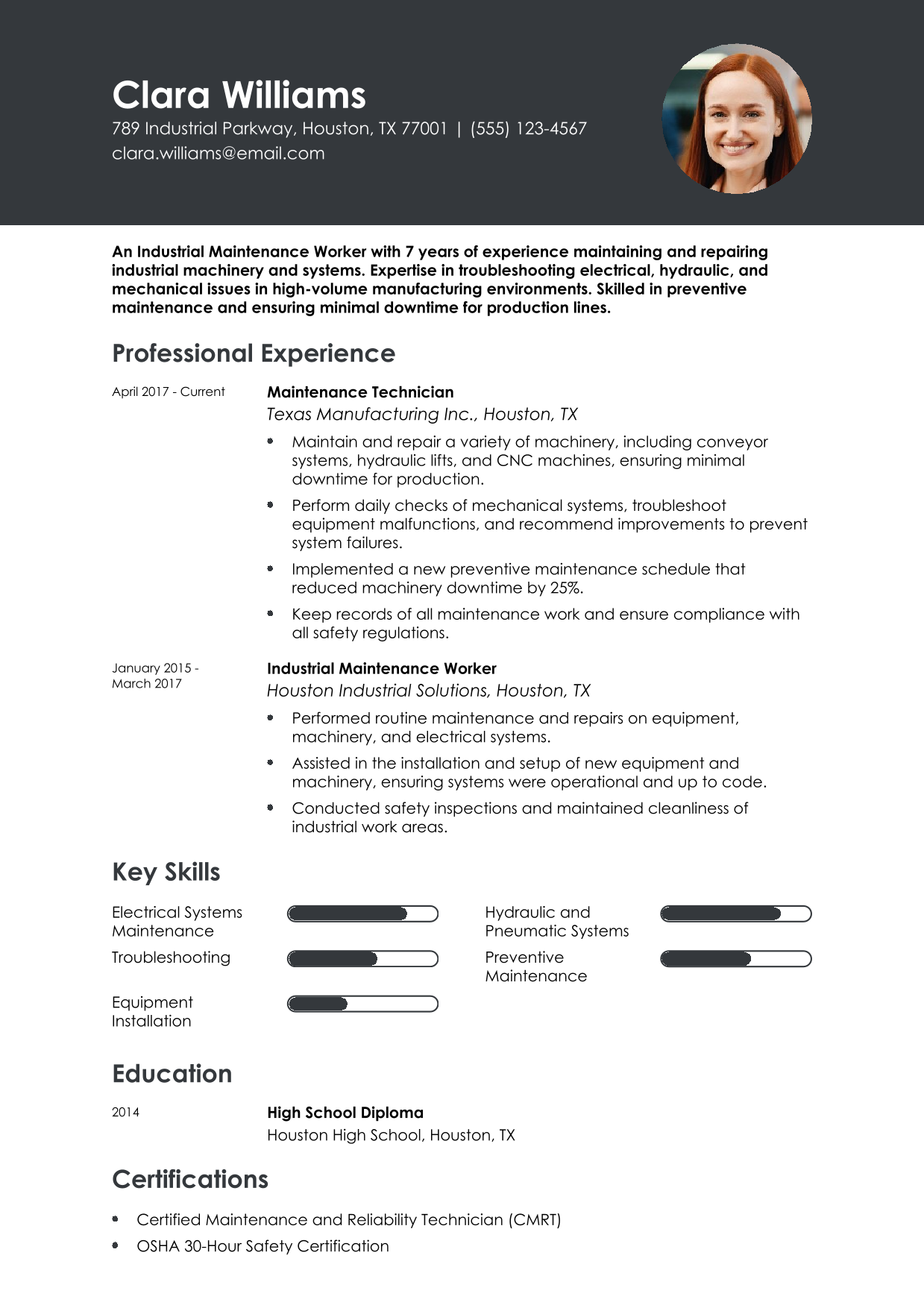 Industrial Maintenance Worker Resume Example 1