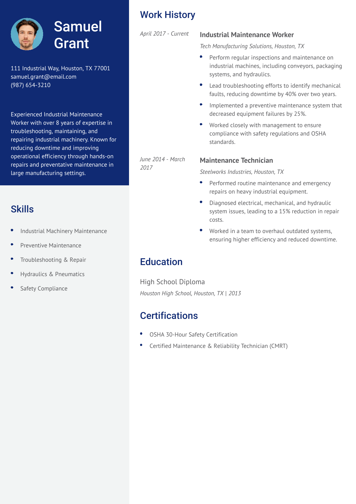 Industrial Maintenance Worker Resume Example 2