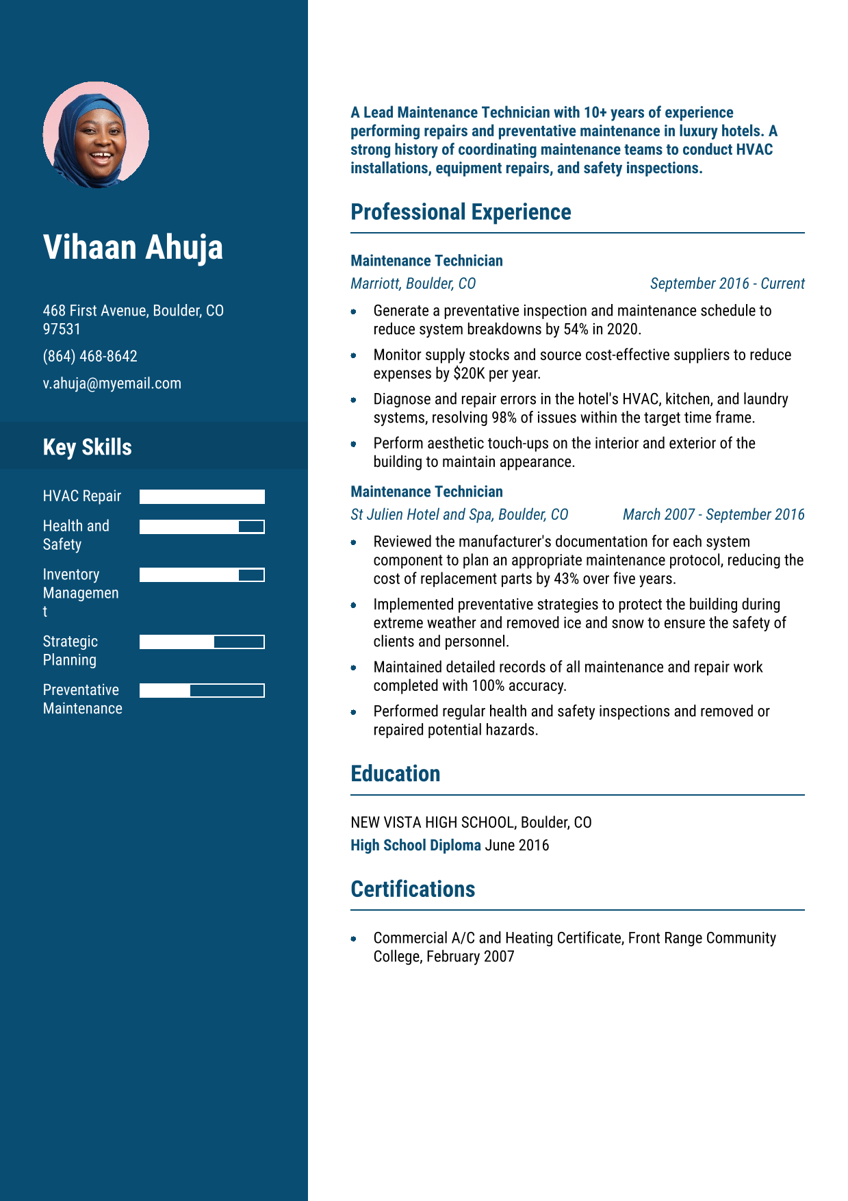 Lead Maintenance Technician Resume Example