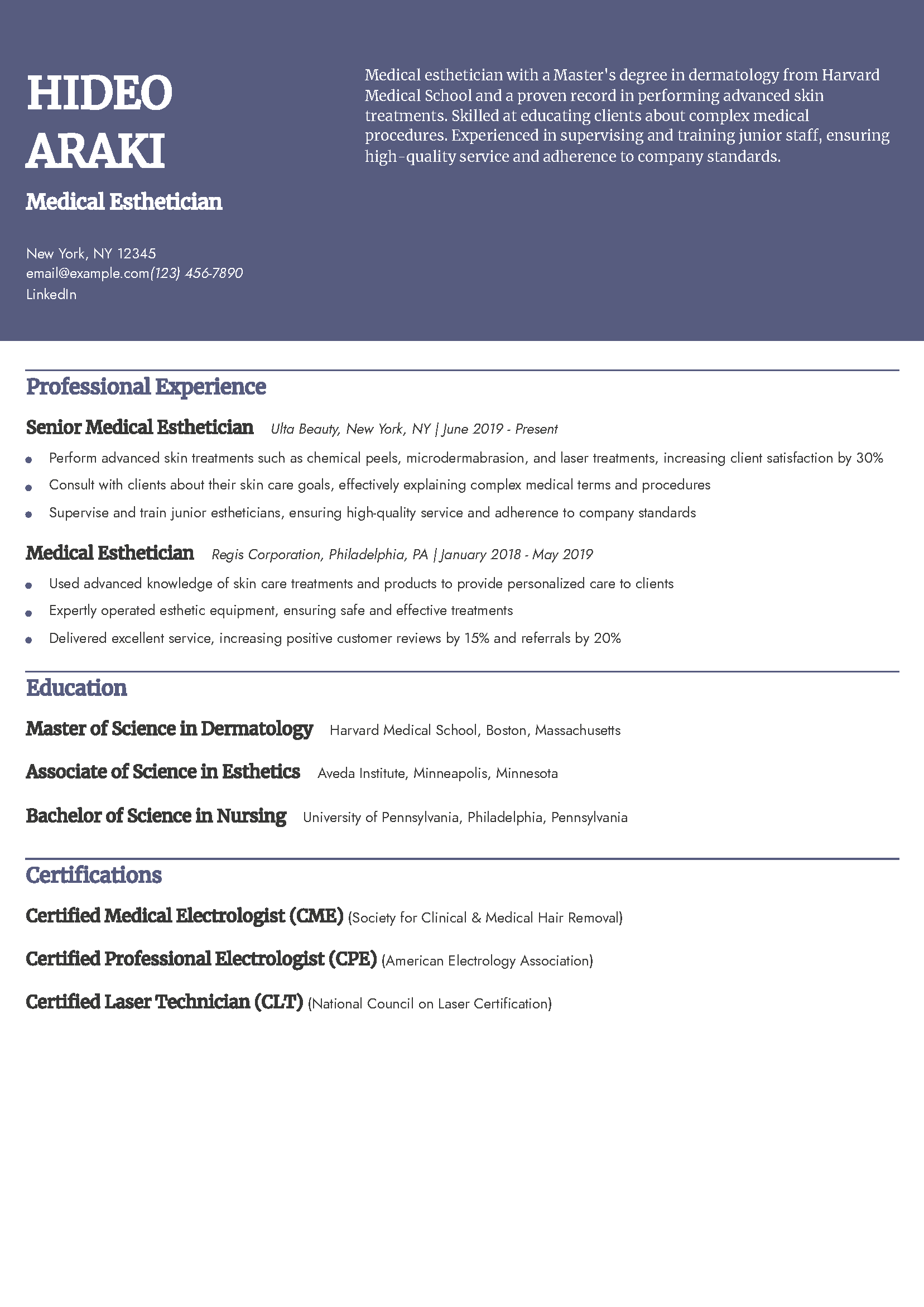 Medical Esthetician Resume