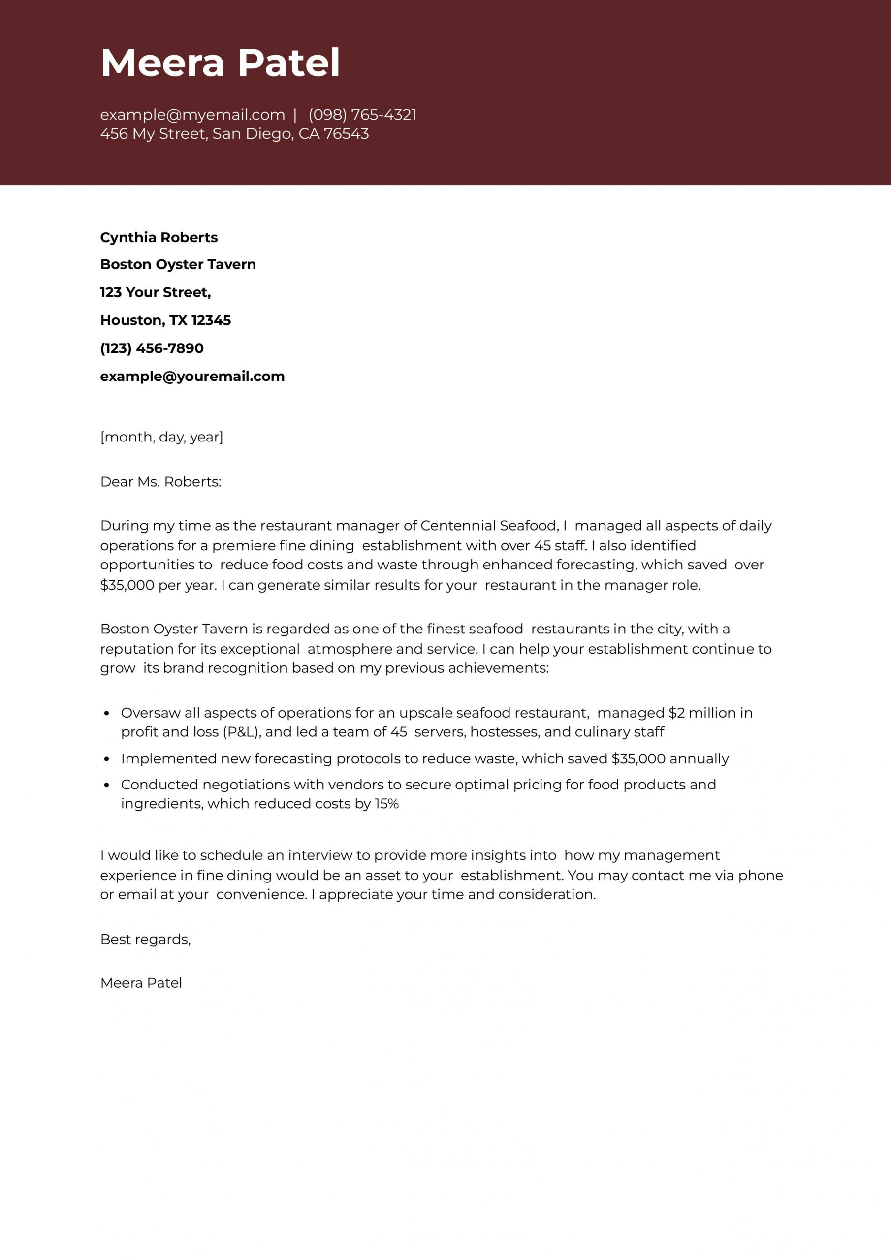 Restaurant Manager Cover Letter Examples and Templates for 2025