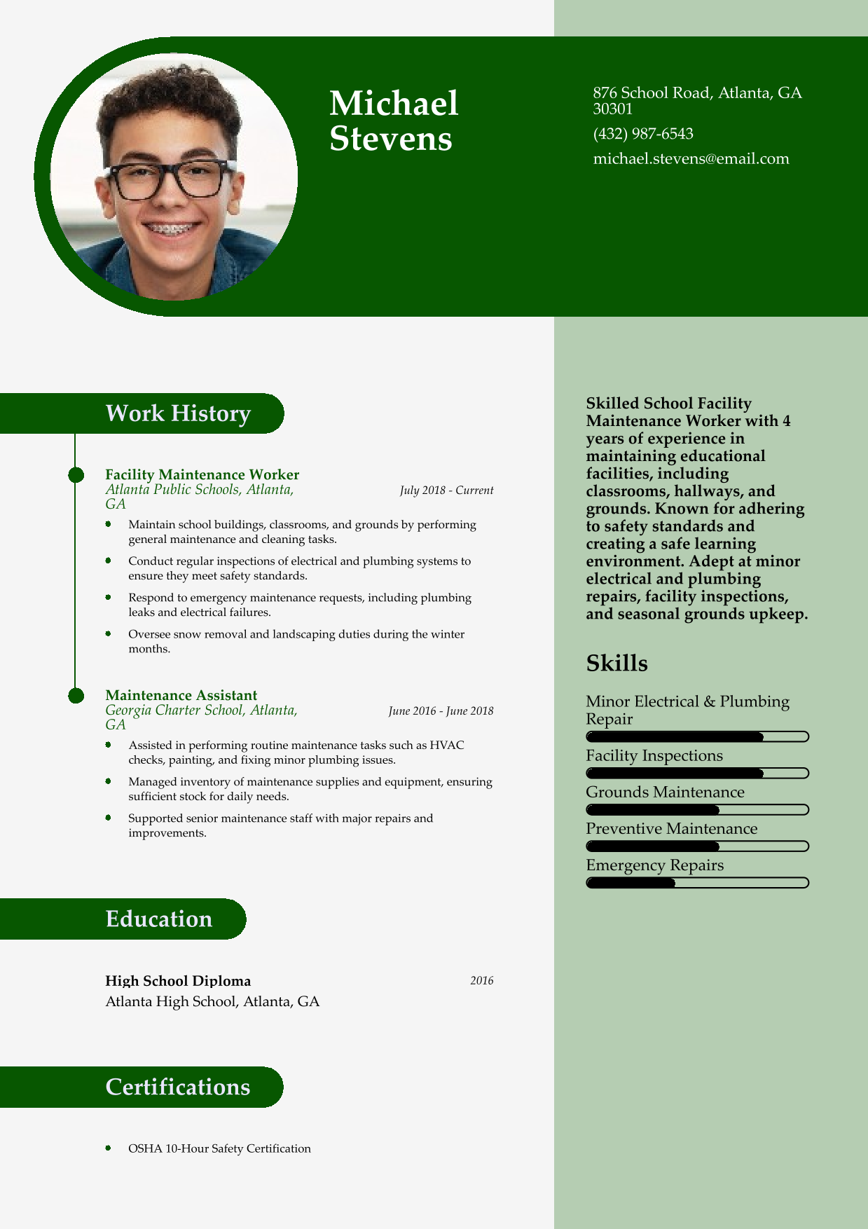 School Facility Maintenance Worker Resume Example