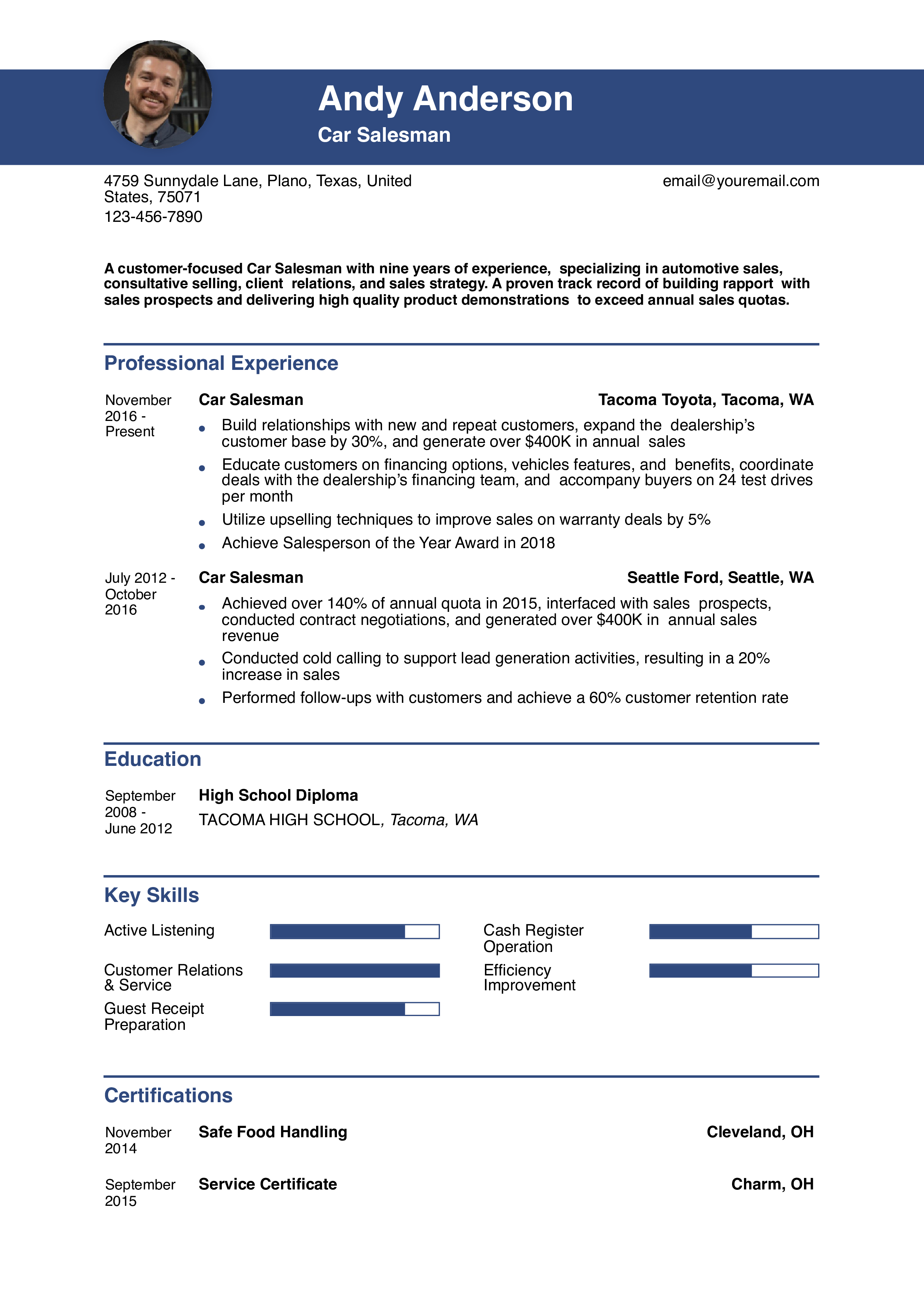 Car Salesman Resume Example